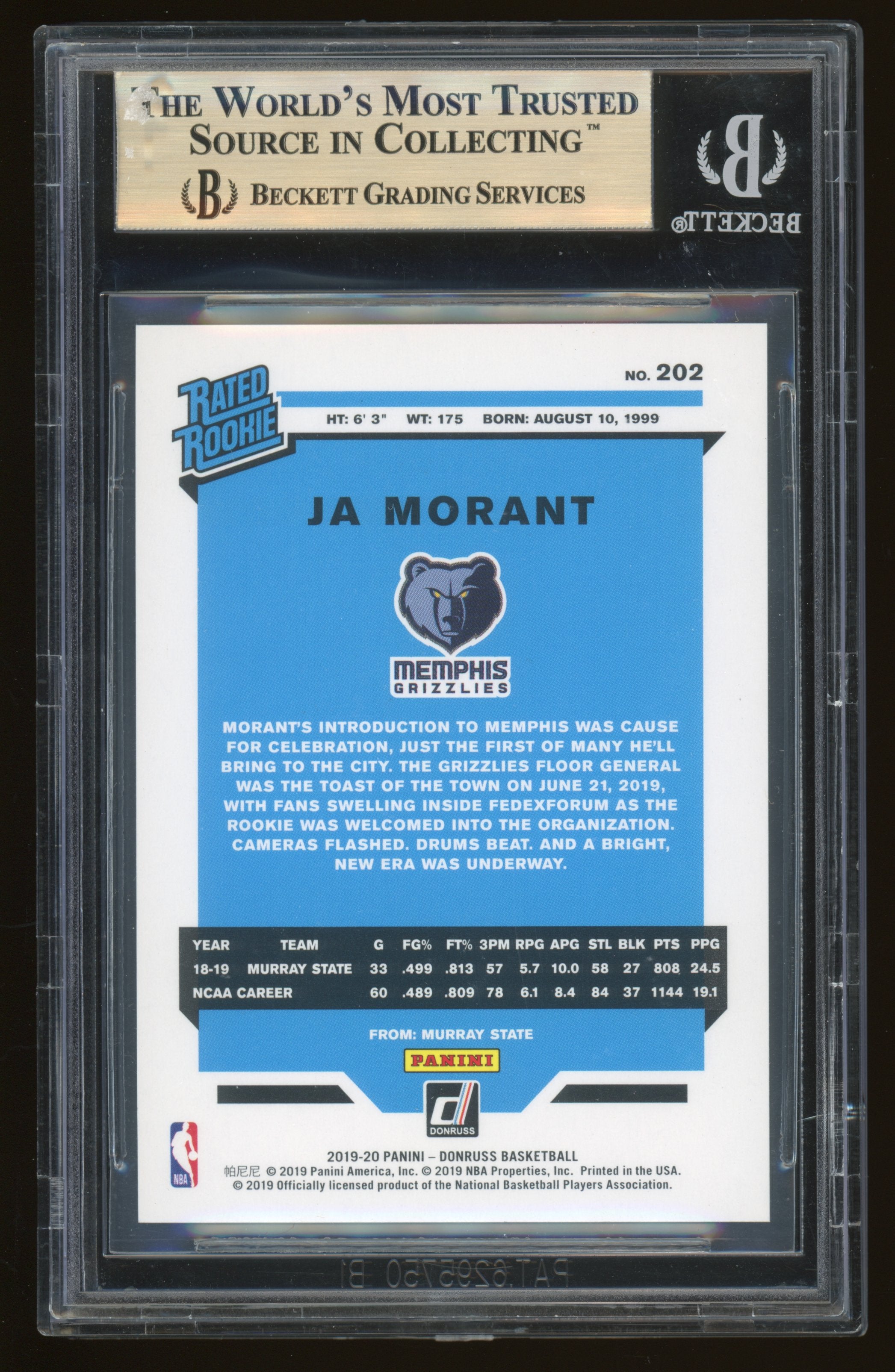 2019 Donruss Press Proof Blue Laser Ja Morant RR #202 BGS 10