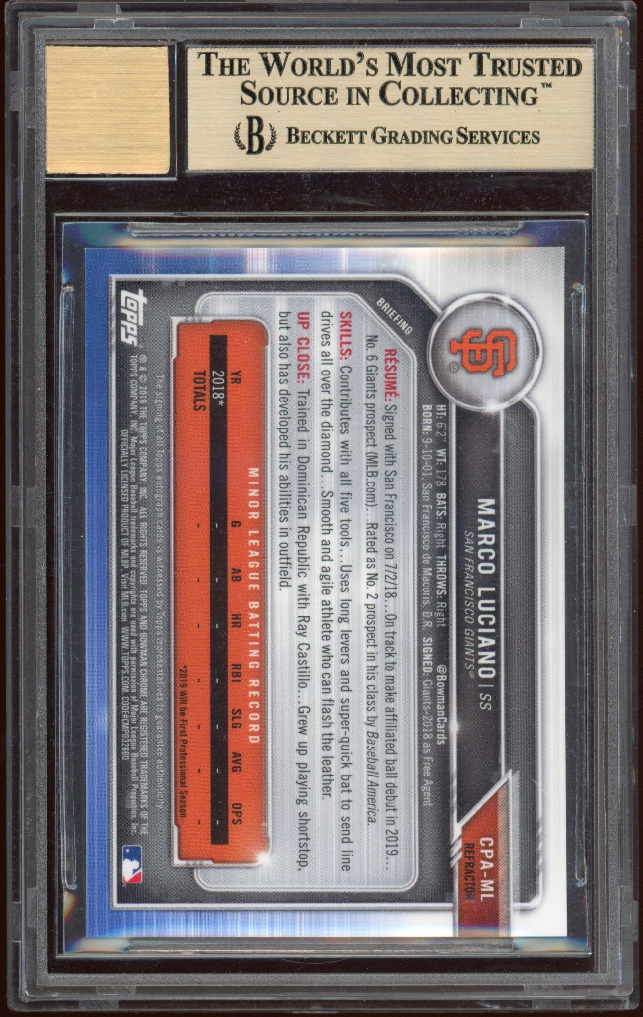 2019 Bowman Chrome Prospect Autographs Refractors Marco Luciano #CPAML BGS 9.5 Auto 10