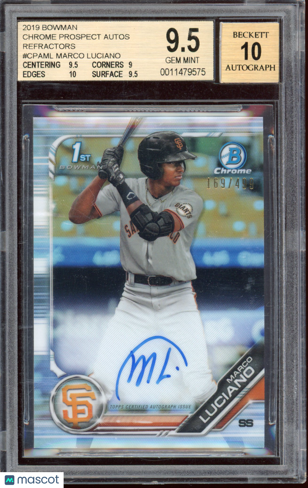 2019 Bowman Chrome Prospect Autographs Refractors Marco Luciano #CPAML BGS 9.5 Auto 10