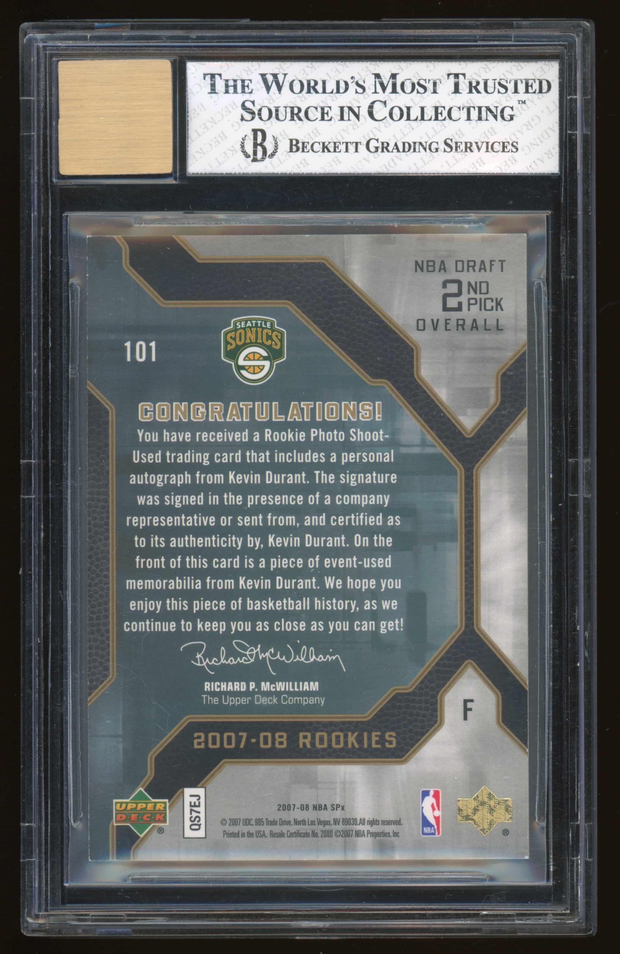 2007 SPx Kevin Durant JSY RC #101 BGS 8 Auto 9