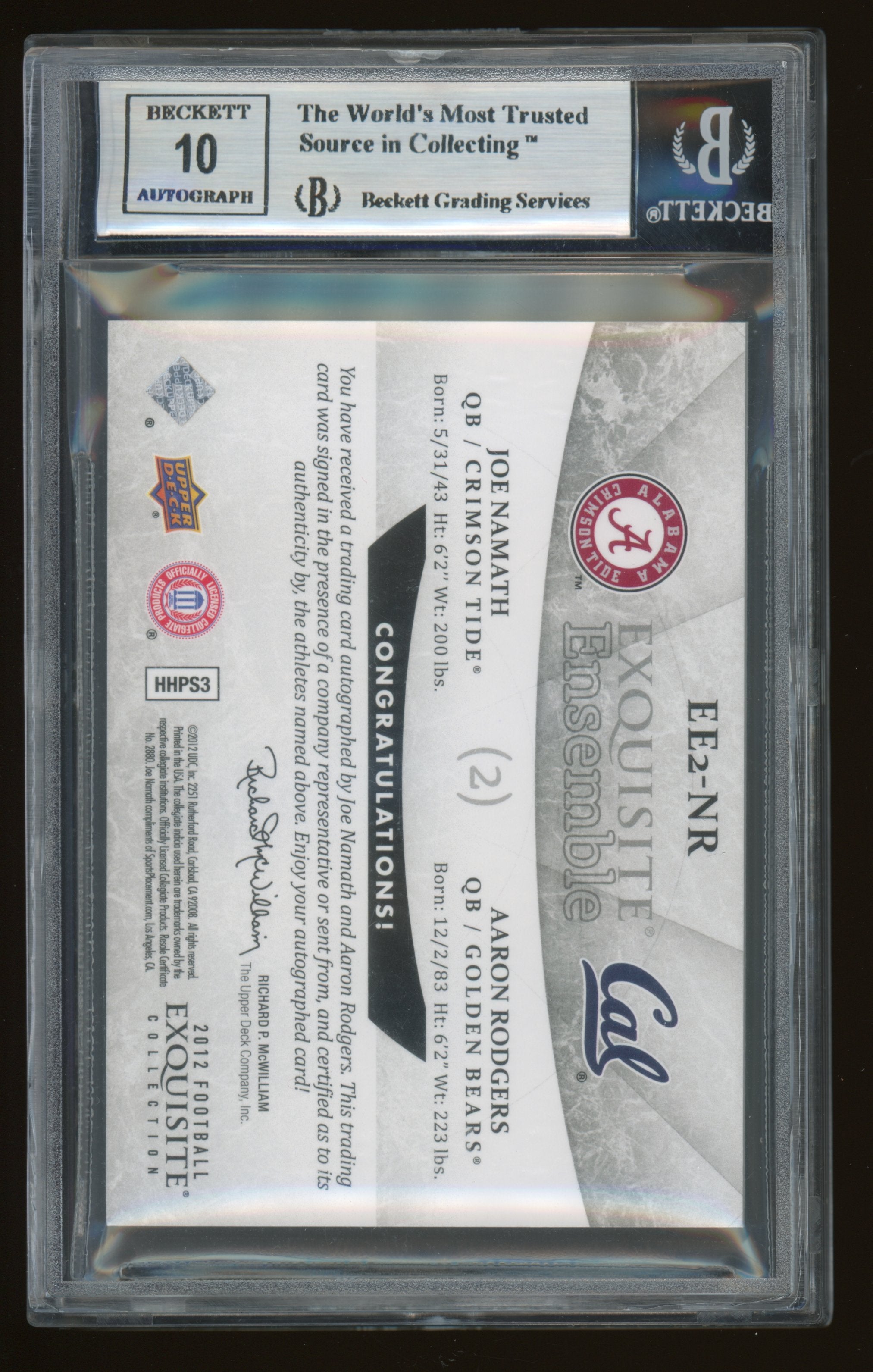 2012 Exquisite Collection Ensemble 2 Signatures Joe Namath Aaron Rodgers #EE2NR /Joe BGS 9 Auto 10