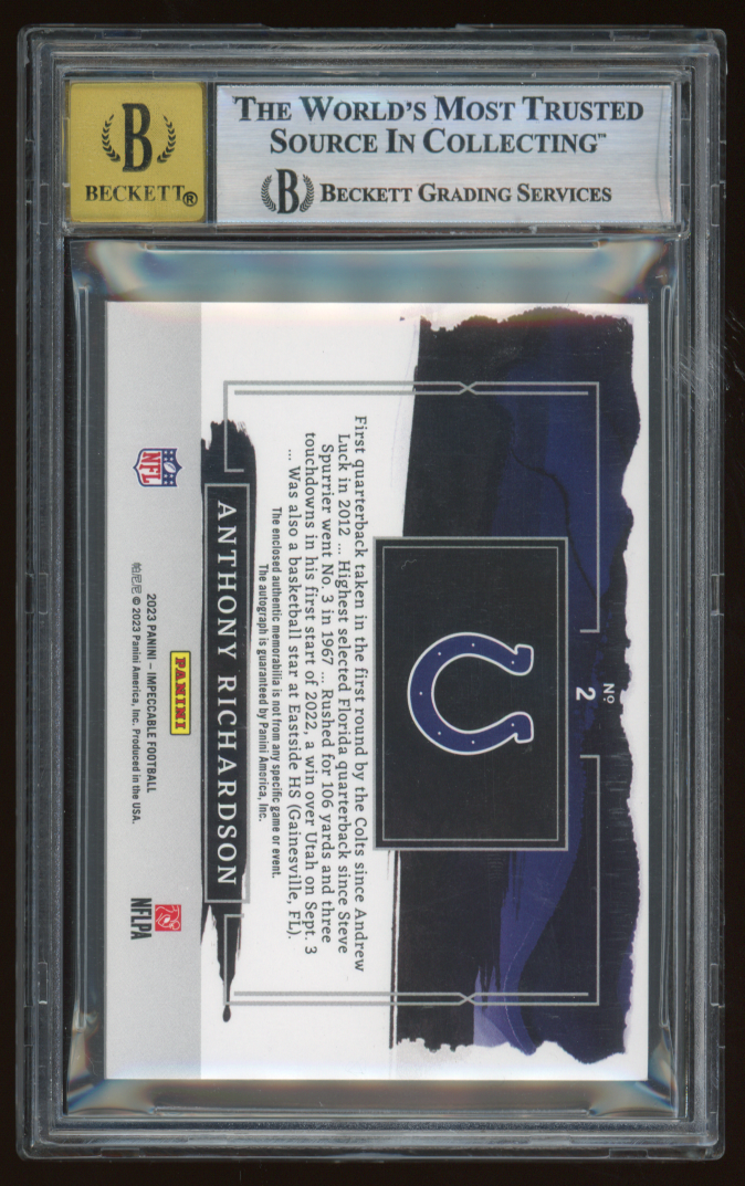 2023 Panini Impeccable Elegance Rookie Helmet and Nameplates Autographs Anthony Richardson #2 /35 BGS 9 Auto 10
