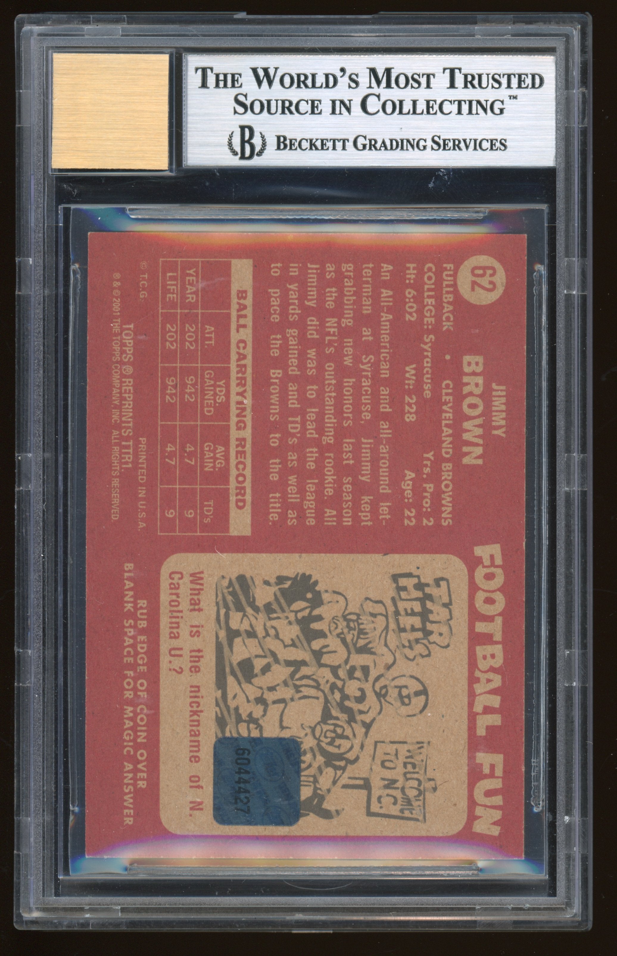 2001 Topps Team Topps Legends Autographs Jim Brown 58T #TTR1 BGS 9 Auto 10