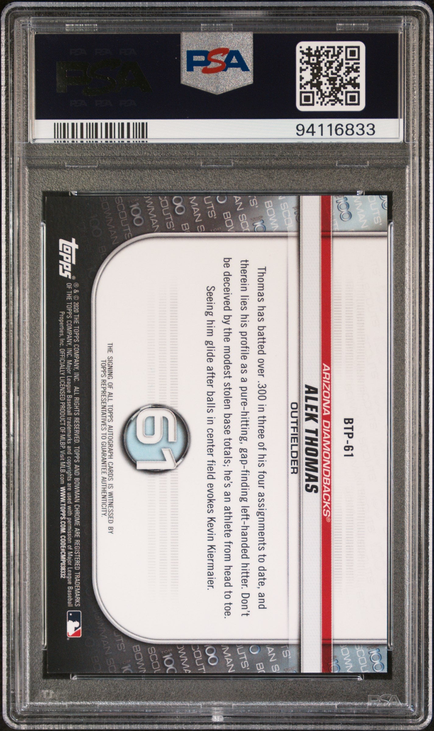 2020 Bowman Chrome Scouts' Top 100 Alek Thomas #BTP61 Scouts' Top 100 Autograph PSA 10