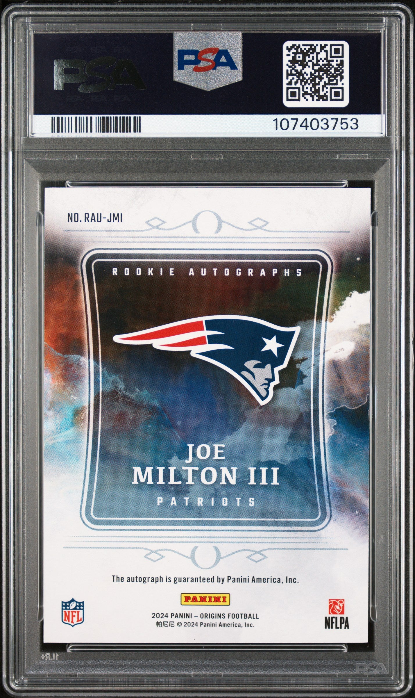 2024 Panini Origins Rookie Autographs Joe Milton III #RAUJMI PSA 10