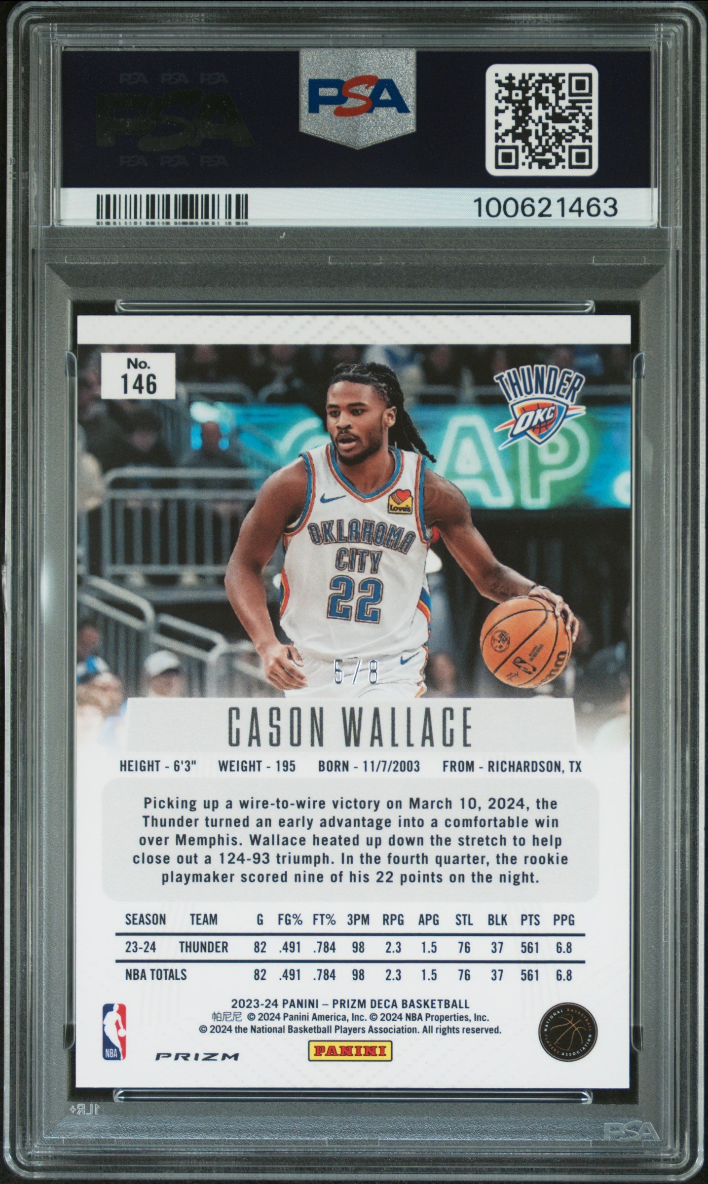 2023 Panini Prizm Deca Cason Wallace #146 Black Gold Shimmer Fotl PSA 10