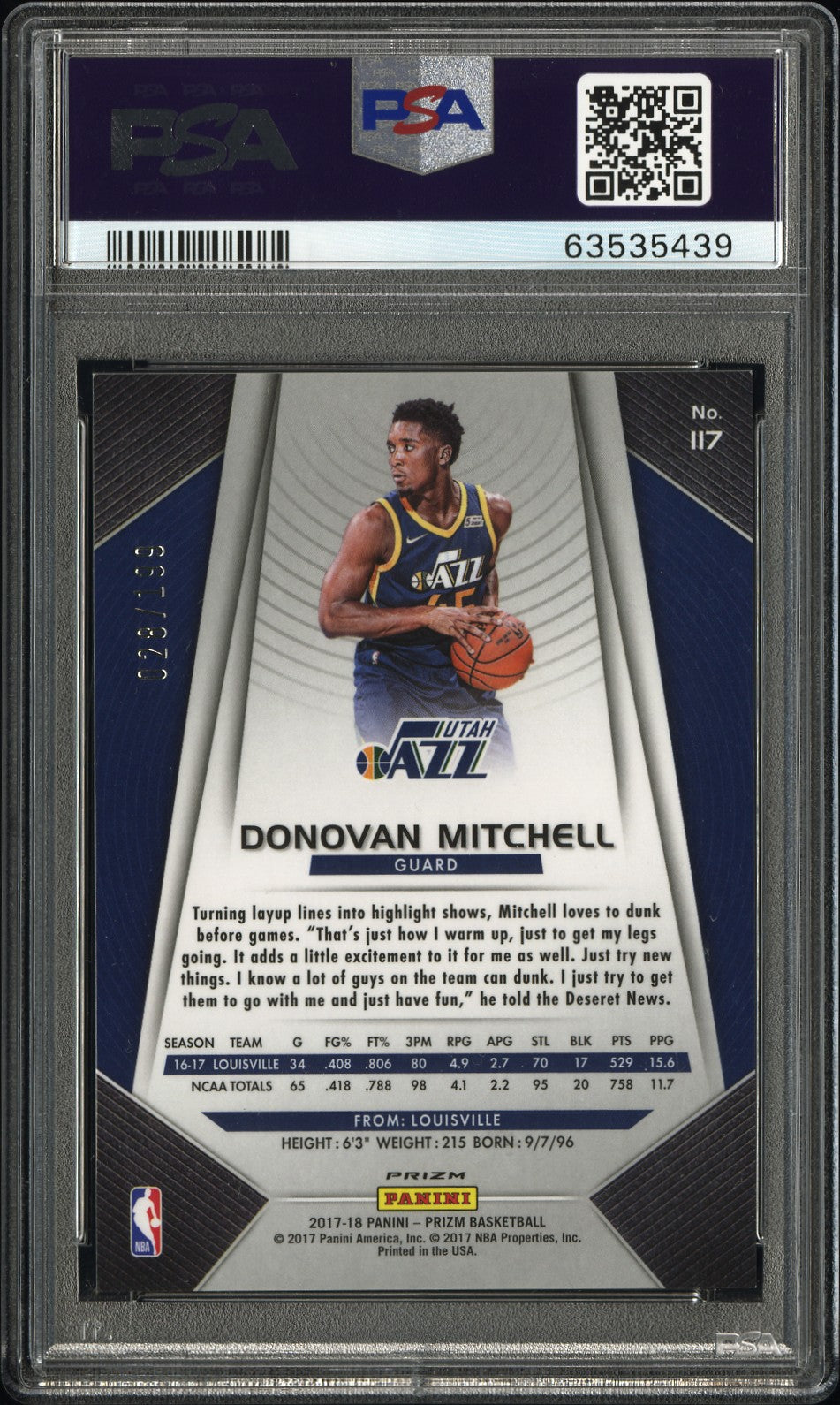 2017 Panini Prizm Donovan Mitchell #117 Blue PSA 10