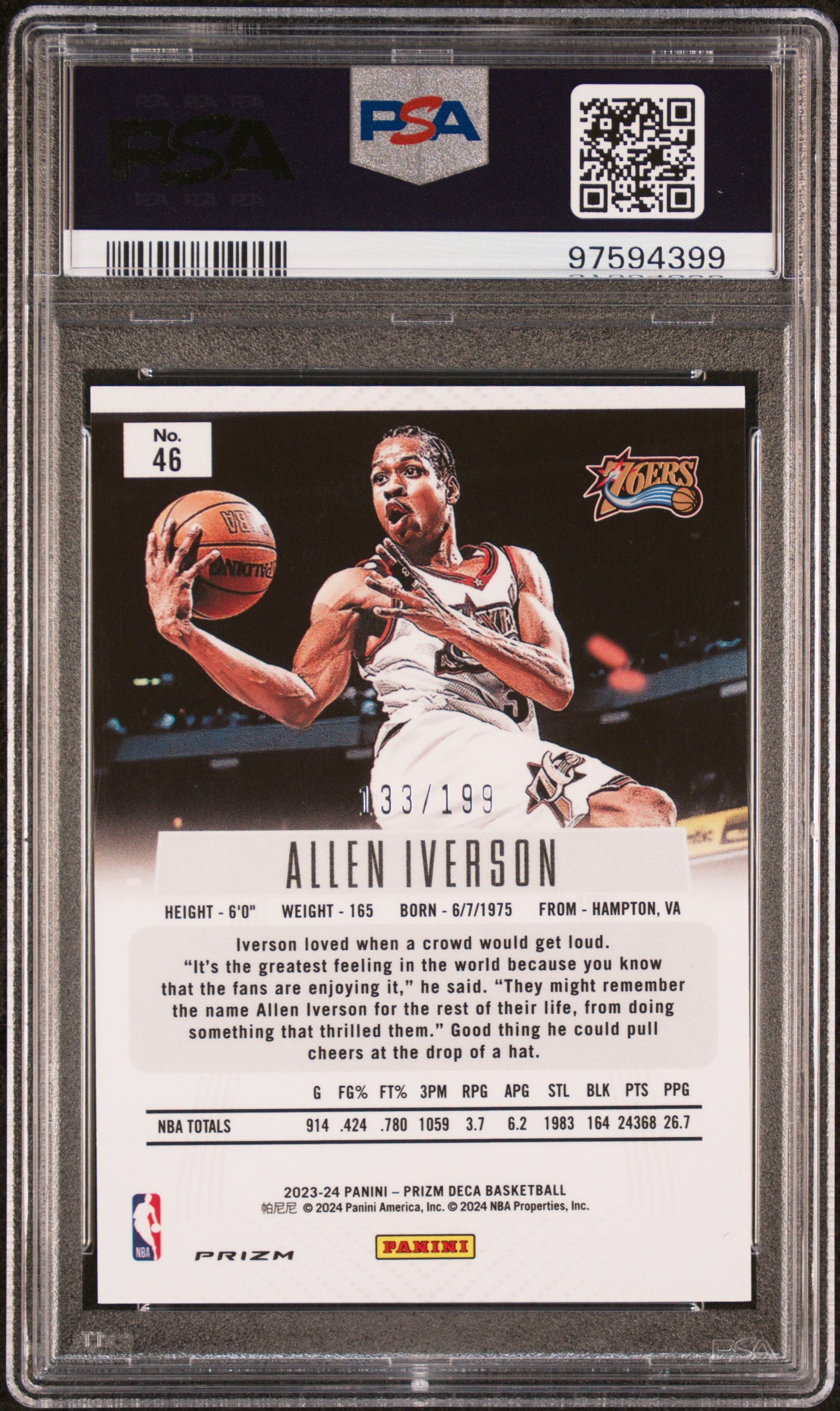 2023 Panini Prizm Deca Allen Iverson #46 Red Prizm PSA 10