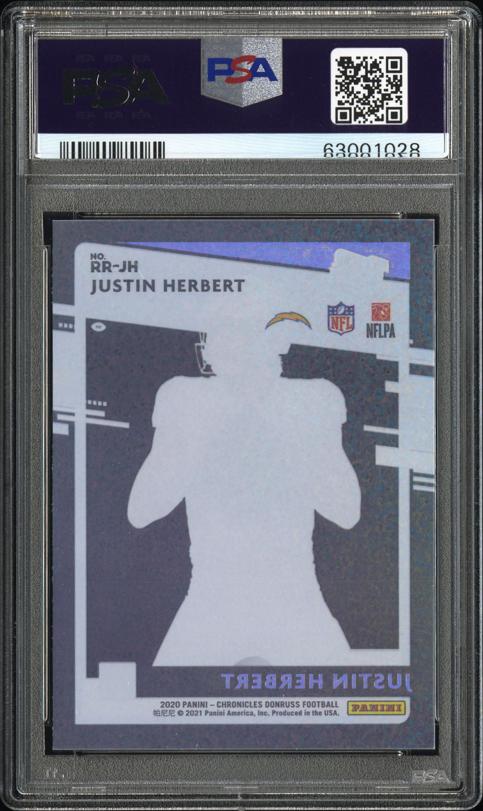 2020 Panini Chronicles Clearly Donruss Rated Rookies Justin Herbert #RRJH RTD. RKE Holo Pltnm. 1/1 PSA 9