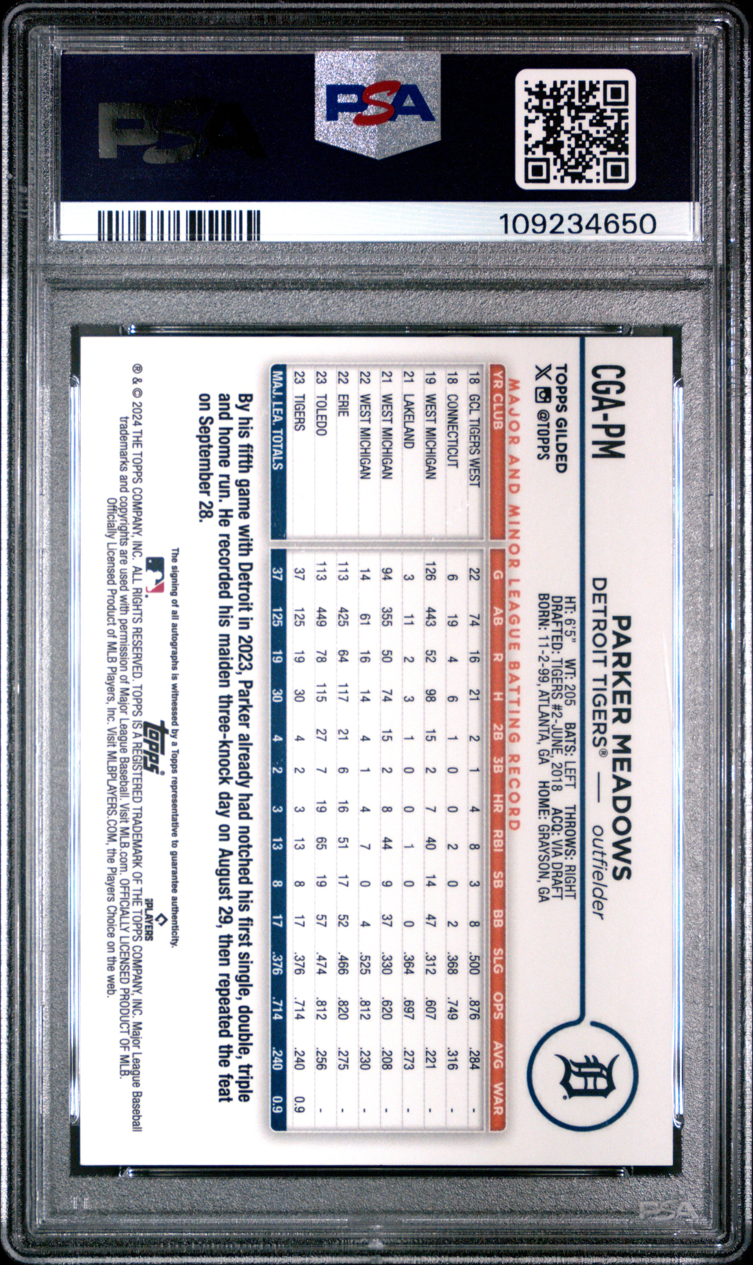 2024 Topps Gilded Collection Topps Chrome Gold Autographs Parker Meadows #CGAPM Blue 06/50 PSA 10
