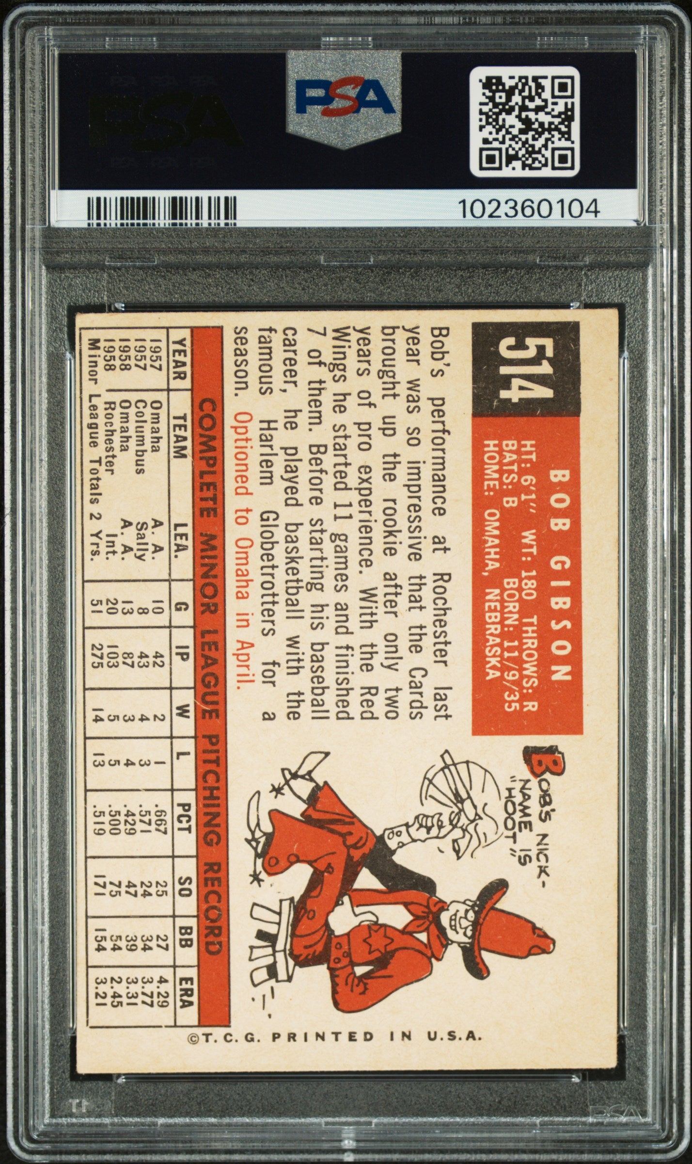 1959 Topps Bob Gibson #514 MC PSA 3