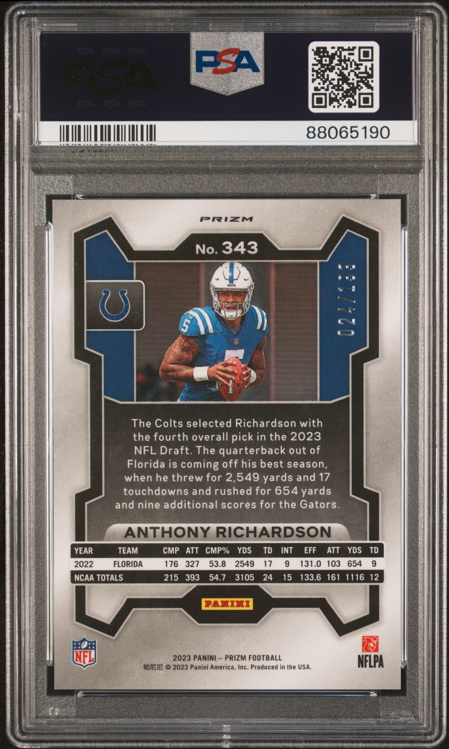 2023 Panini Prizm Anthony Richardson #343 Blue Wave PSA 9