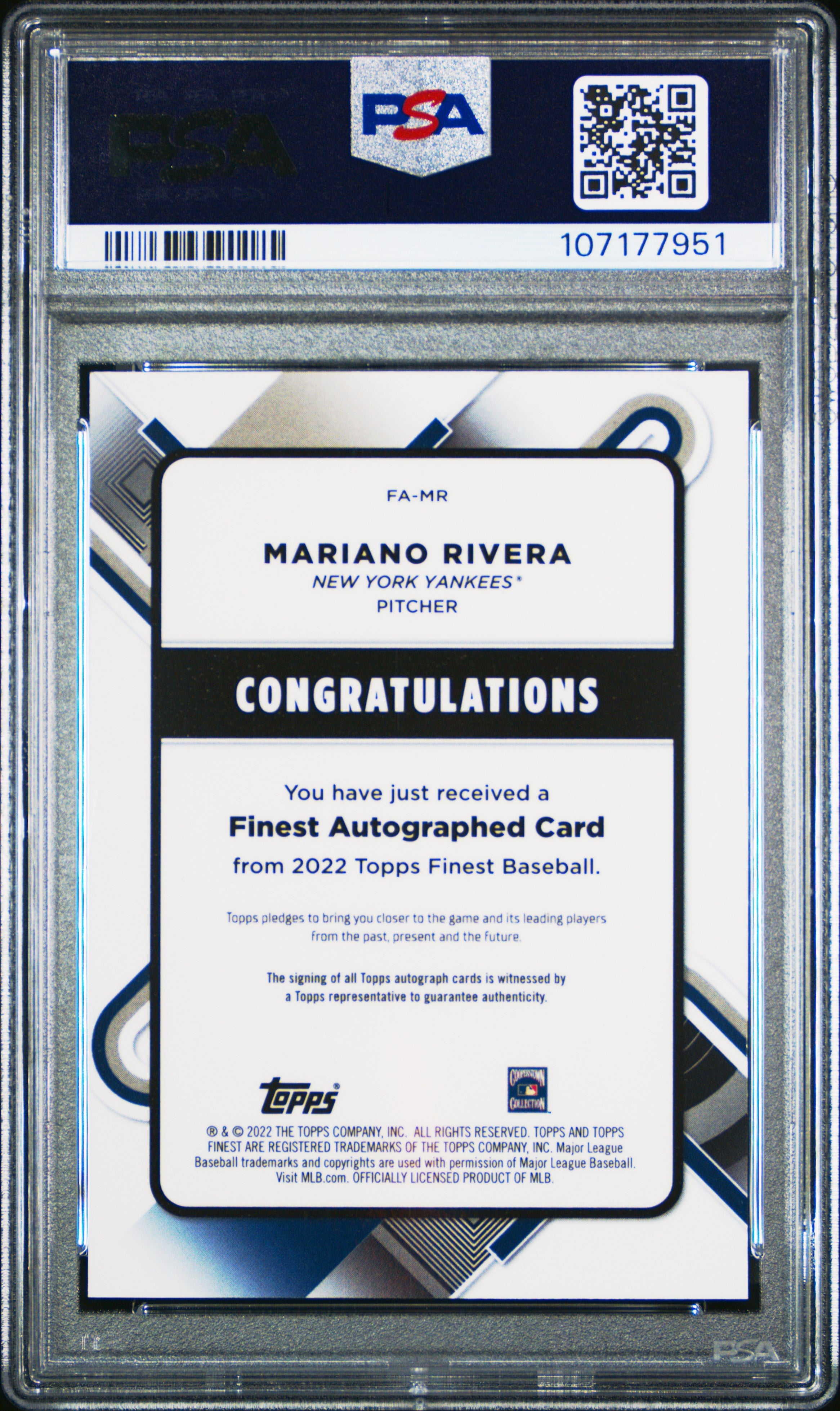 2022 Topps Finest Finest Autographs Mariano Rivera #MR Fnst. Au Gold Refractor 16/50 PSA 9