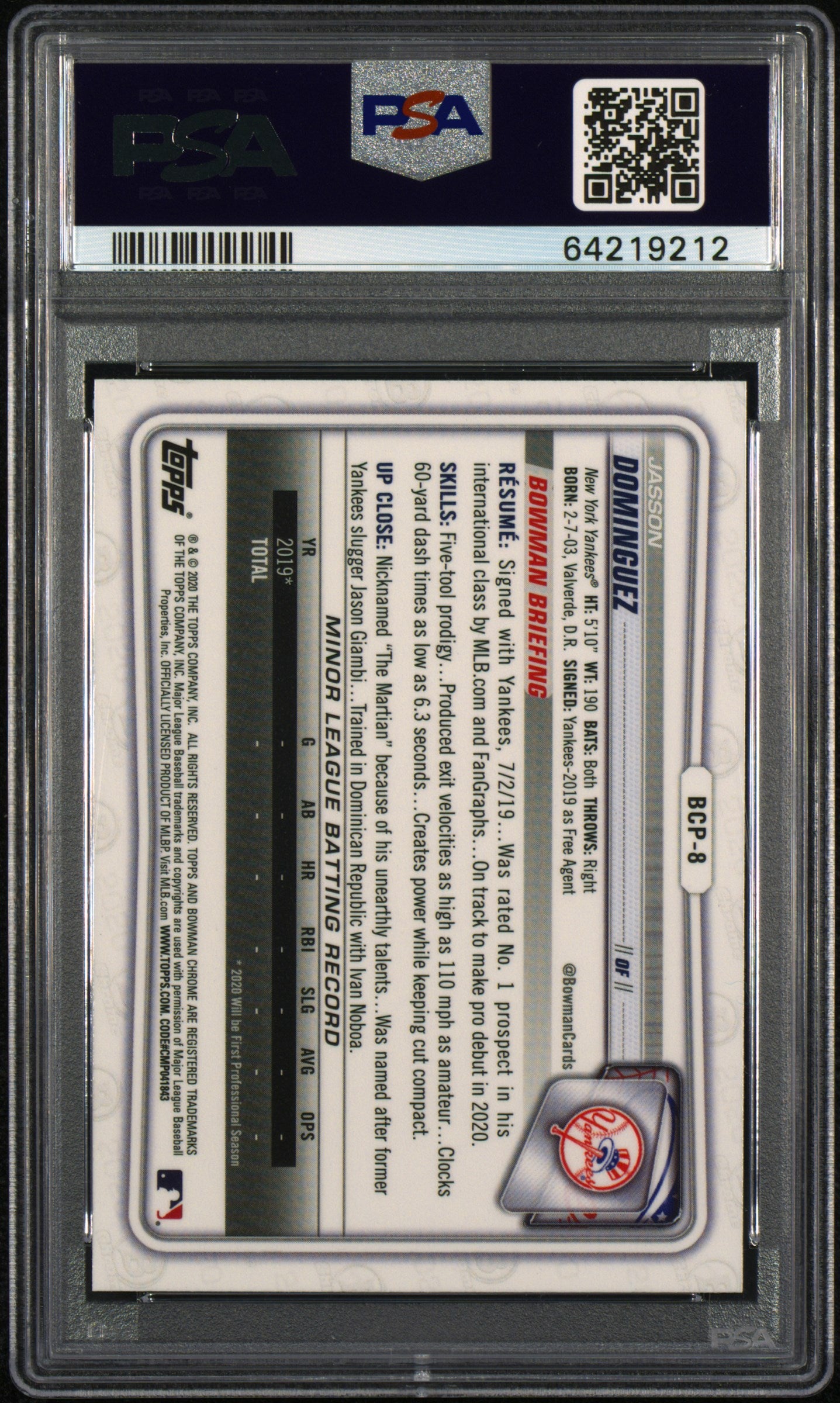 2020 Bowman Chrome Sapphire Edition Jasson Dominguez #BCP8 PSA 9