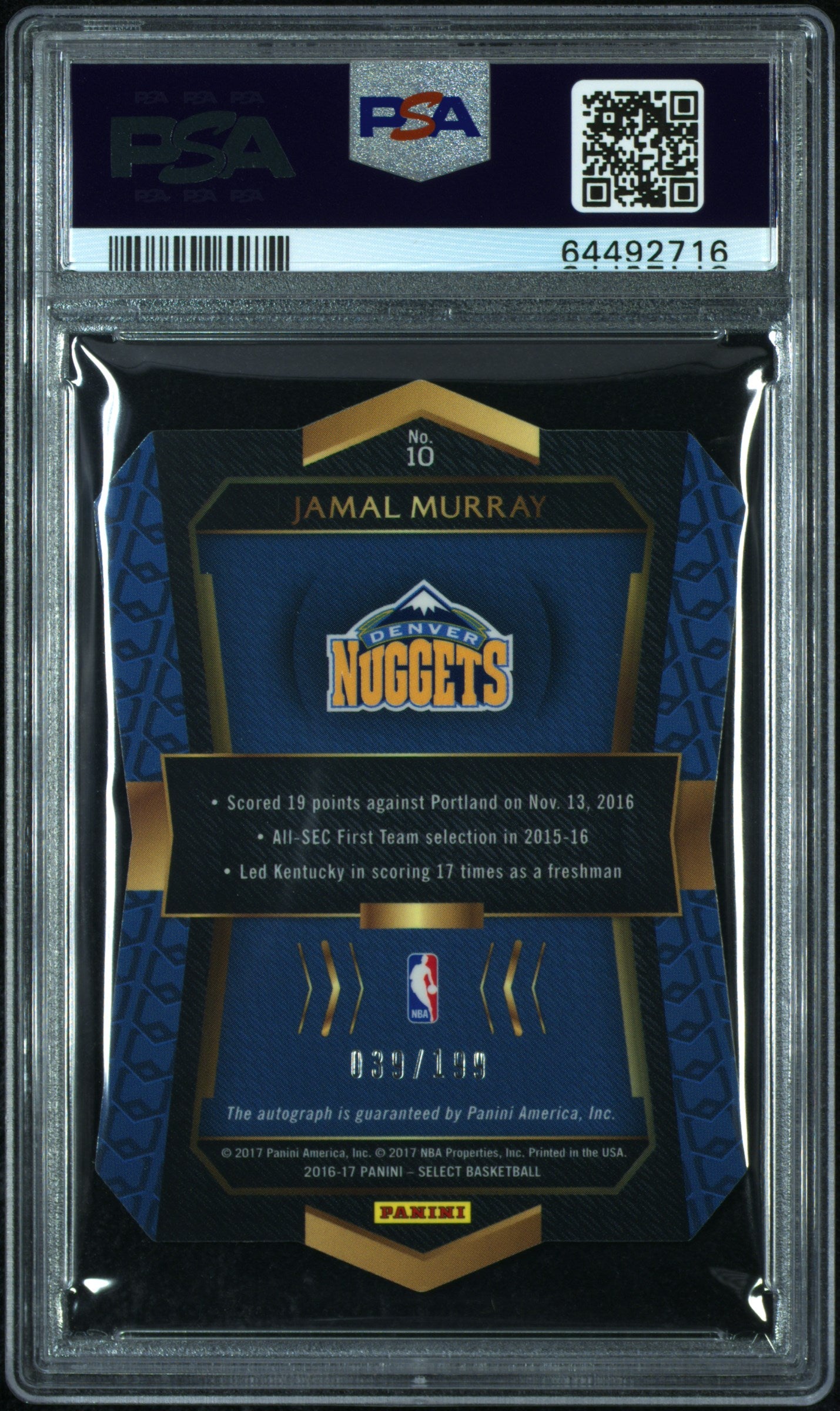 2016 Panini Select Die-Cut Rookie Autograph Jamal Murray #10 PSA 9