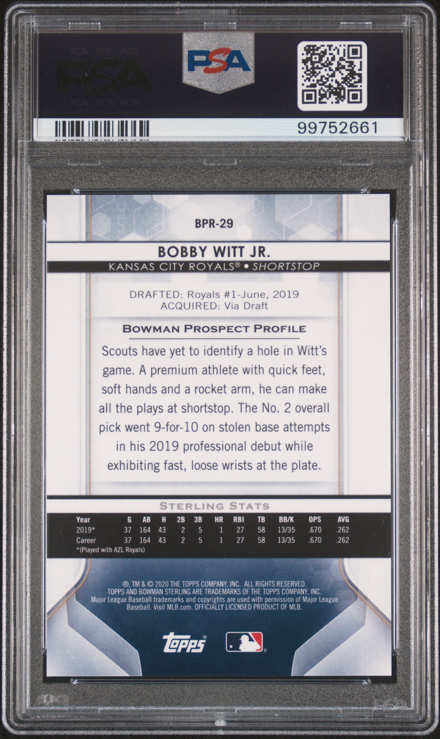 2020 Bowman Sterling Bobby Witt JR. #BPR29 PSA 10