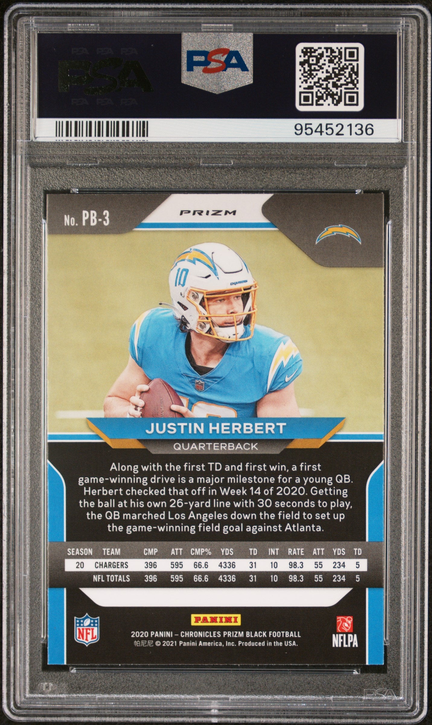 2020 Panini Chronicles Prizm Black Justin Herbert #PB3 Silver PSA 10