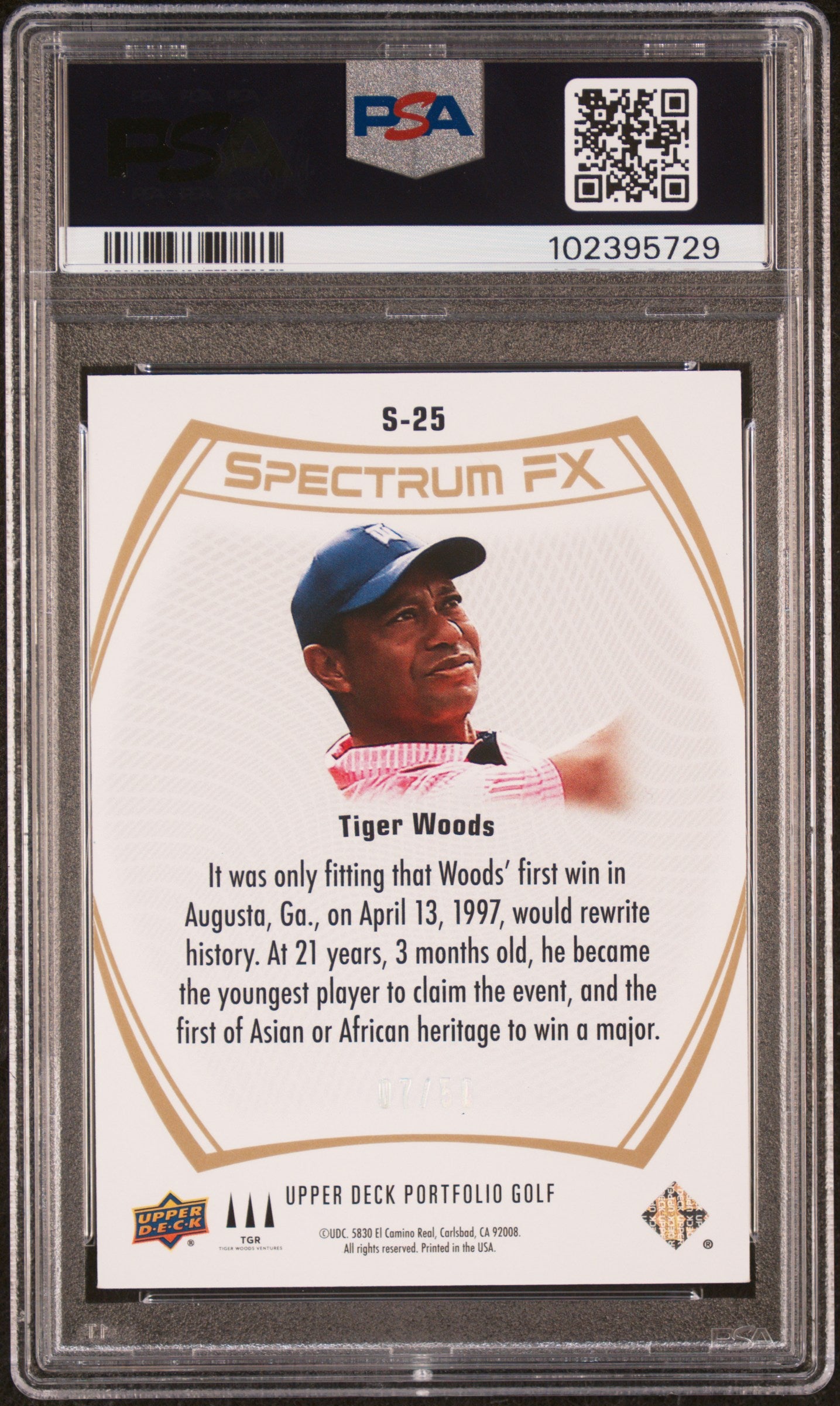 2024 Upper Deck Portfolio Golf SP Authentic Spectrum FX Tiger Woods #S25 Spctrm Gold PSA 9