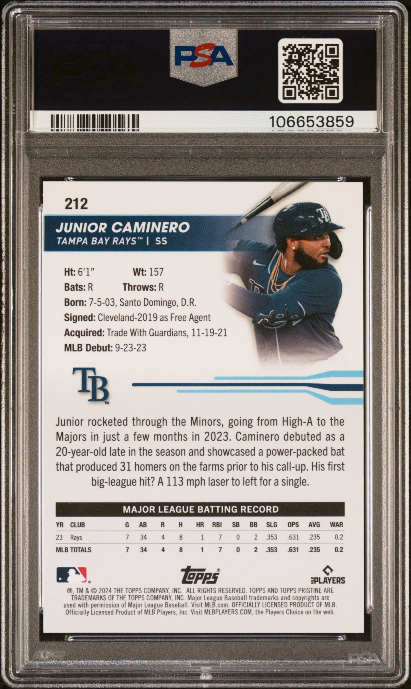 2024 Topps Pristine Junior Caminero #212 Superfractor 1/1 PSA 9