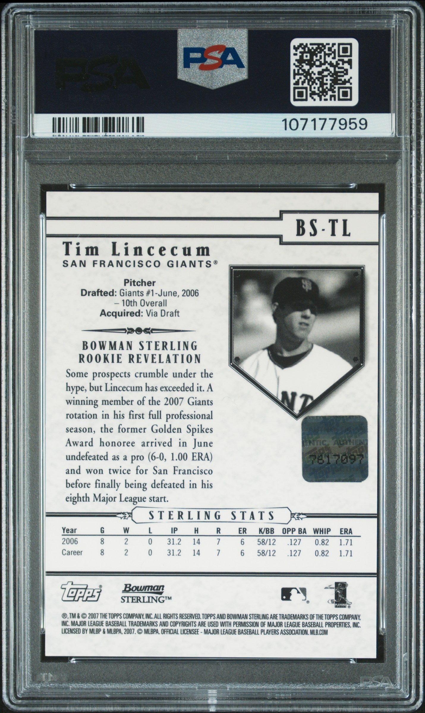 2007 Bowman Sterling Tim Lincecum #BS-TL Autograph PSA 10