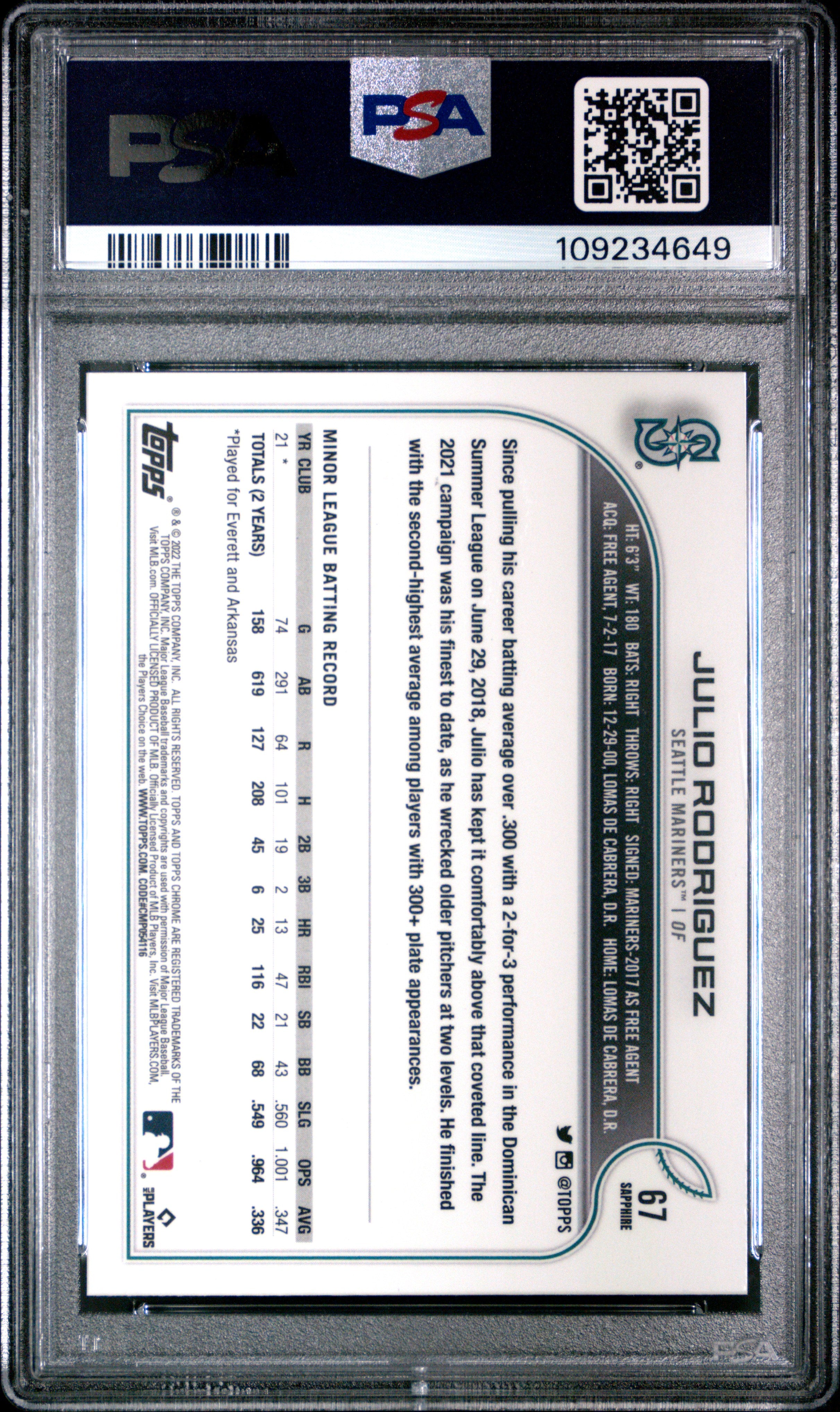2022 Topps Chrome Sapphire Edition Julio Rodriguez #67 PSA 10