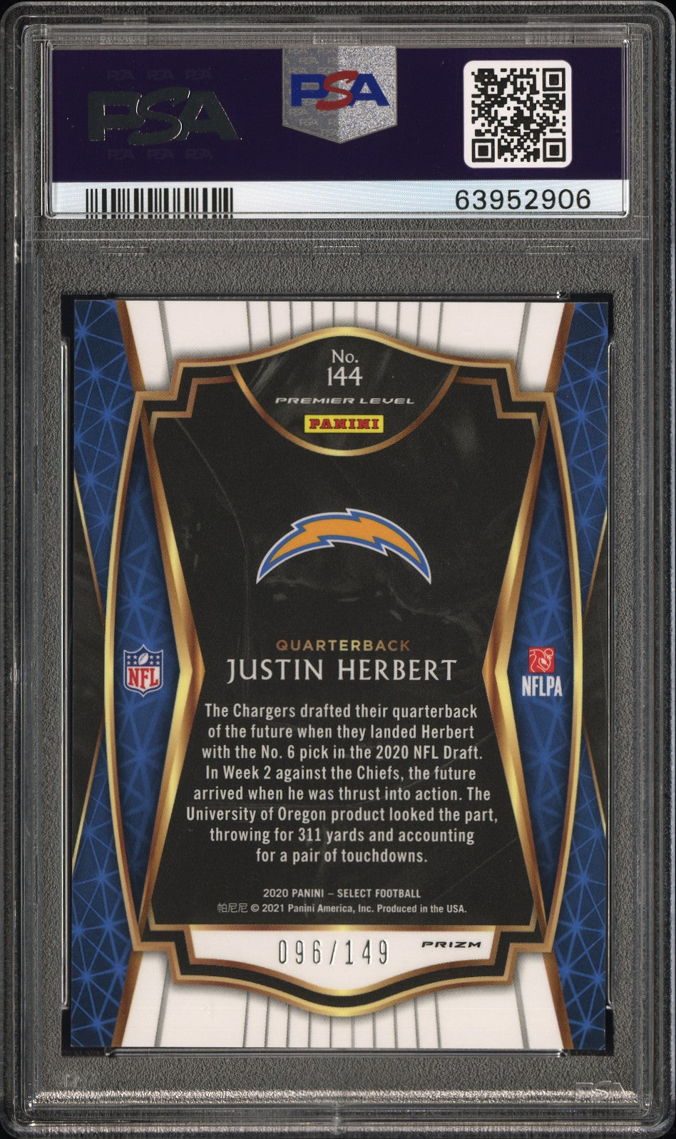 2020 Panini Select Justin Herbert #144 Blue Prizm PSA 10