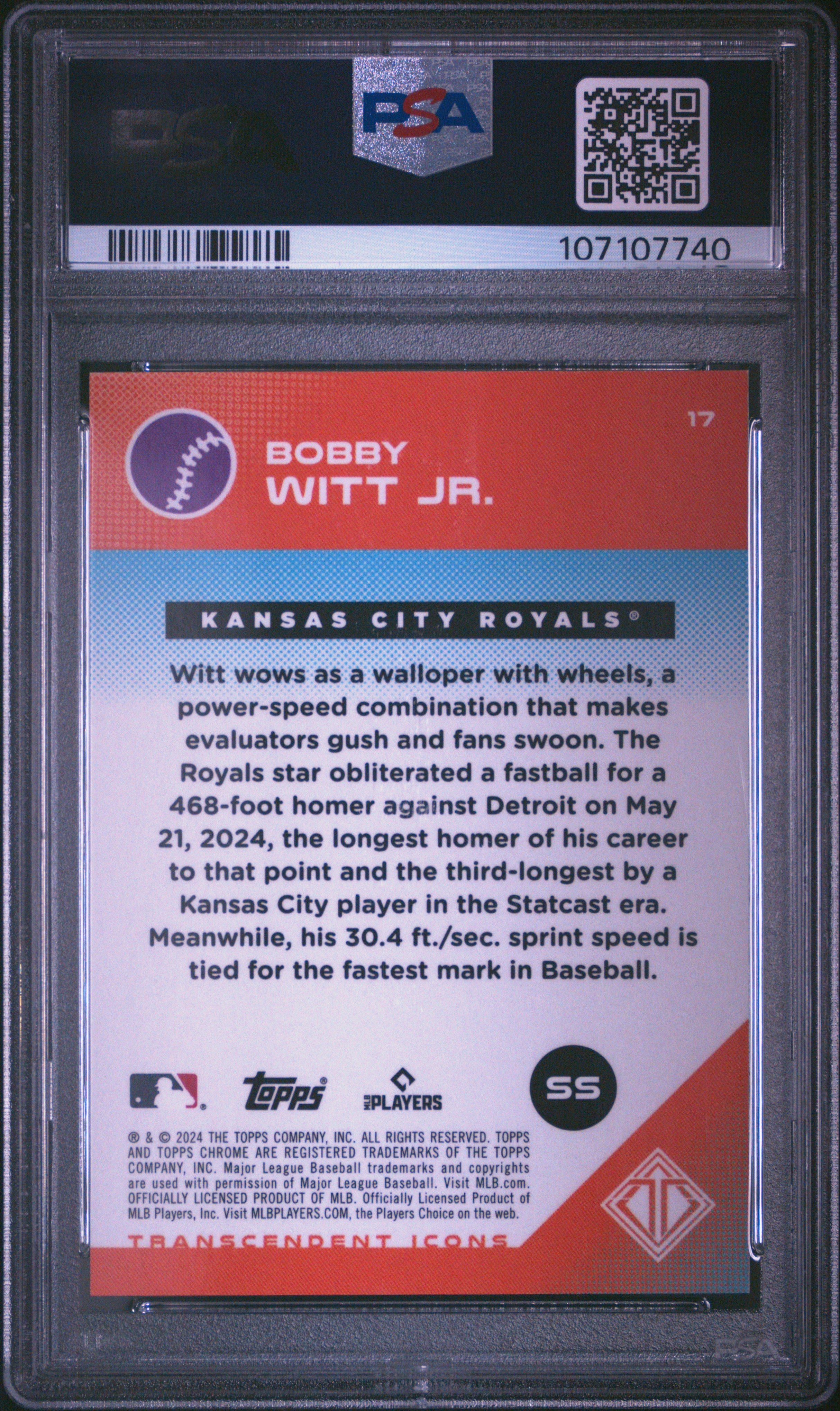 2024 Topps Transcendent Collection Transcendent Icons Chrome Bobby Witt JR. #17 Image Var Org Ref PSA 10