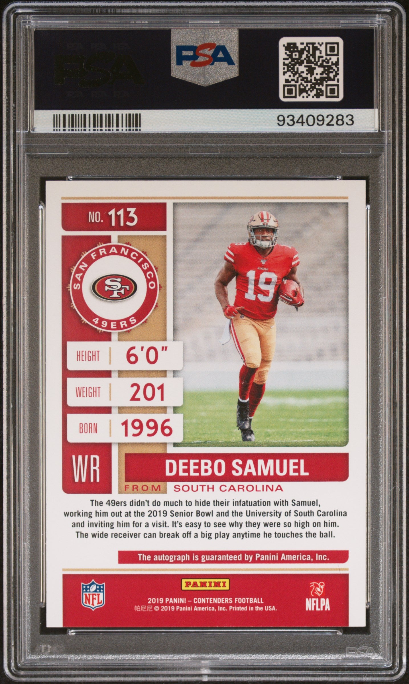 2019 Panini Contenders Deebo Samuel #113 Autograph Cracked Ice PSA 10