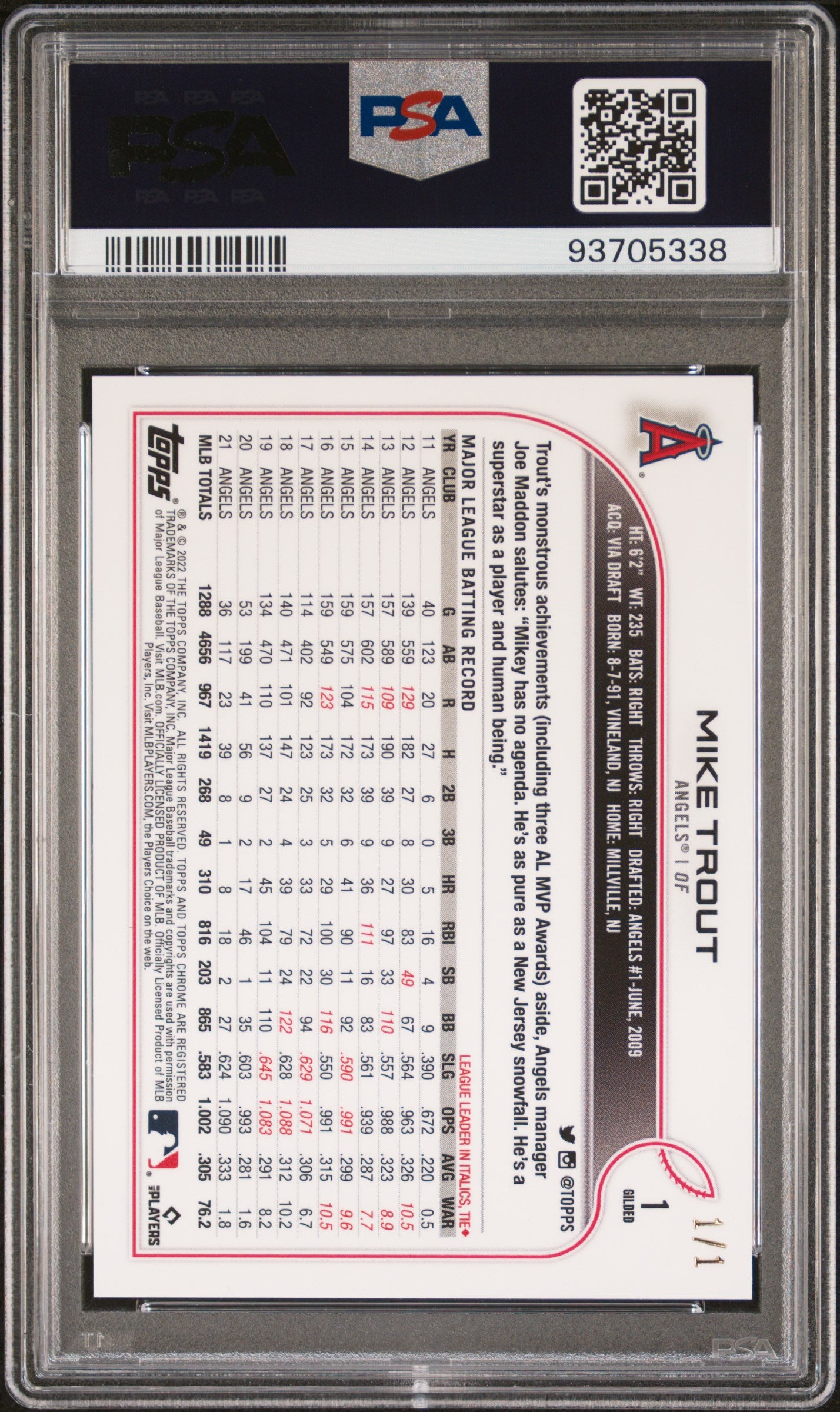 2022 Topps Gilded Collection Mike Trout #1 Superfractor 1/1 PSA 10