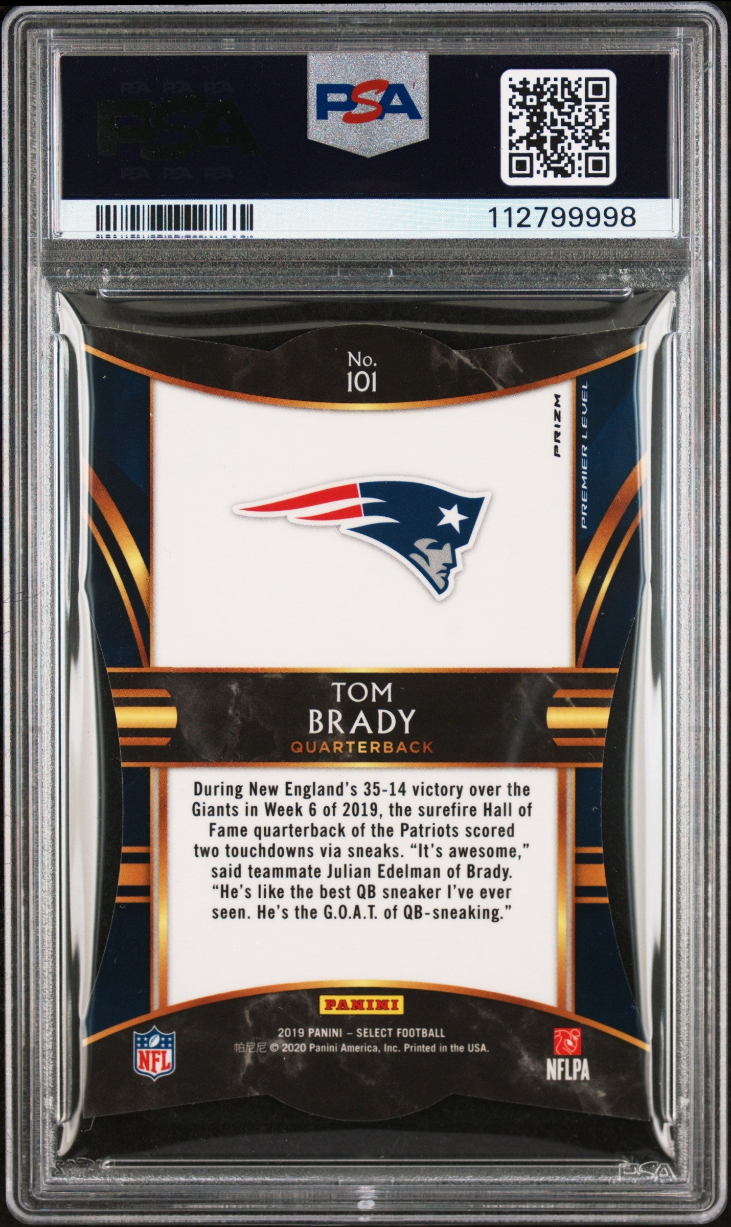 2019 Panini Select Tom Brady #101 Die Cut Tiger Prizm PSA 10