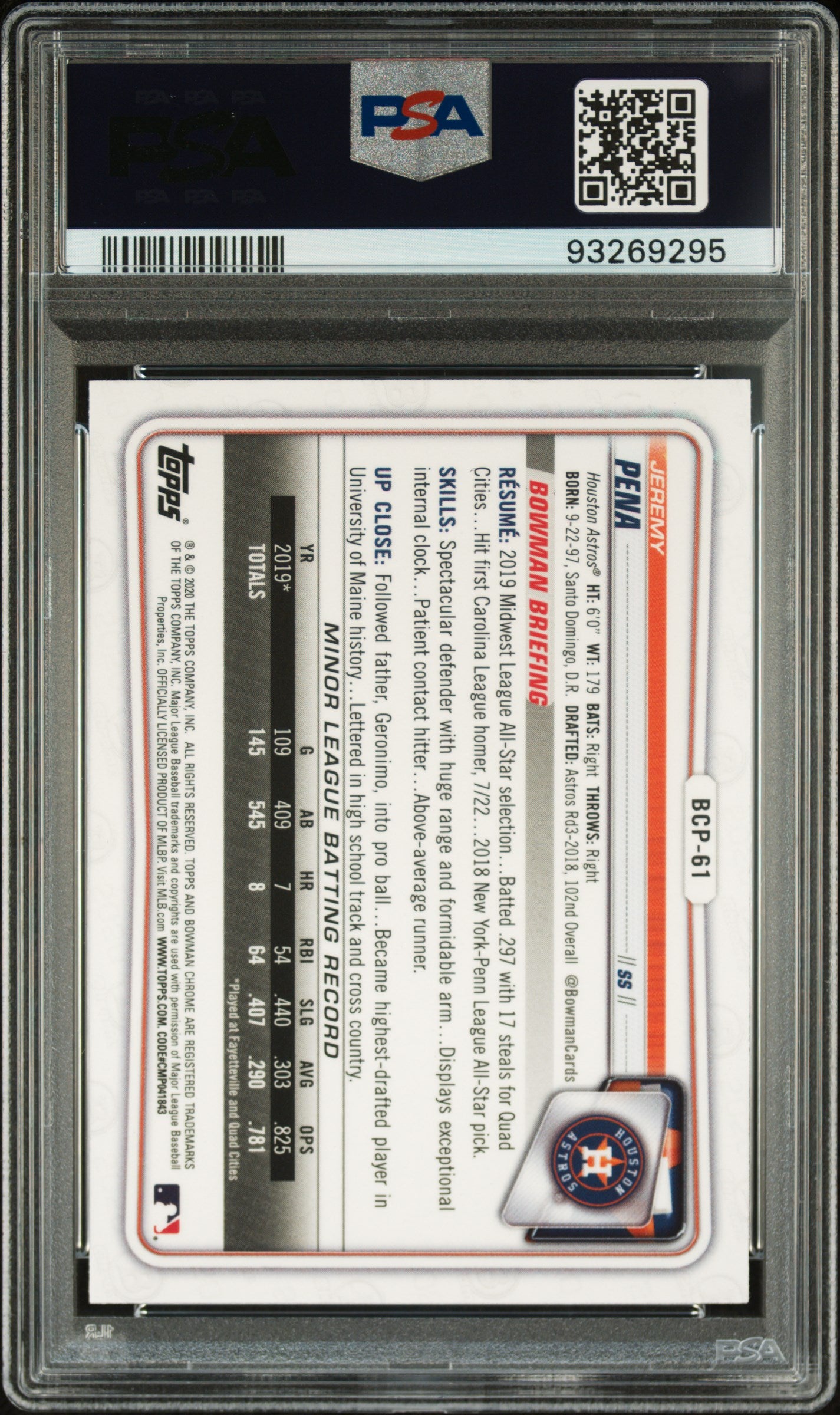 2020 Bowman Chrome Sapphire Edition Jeremy Pena #BCP61 PSA 10