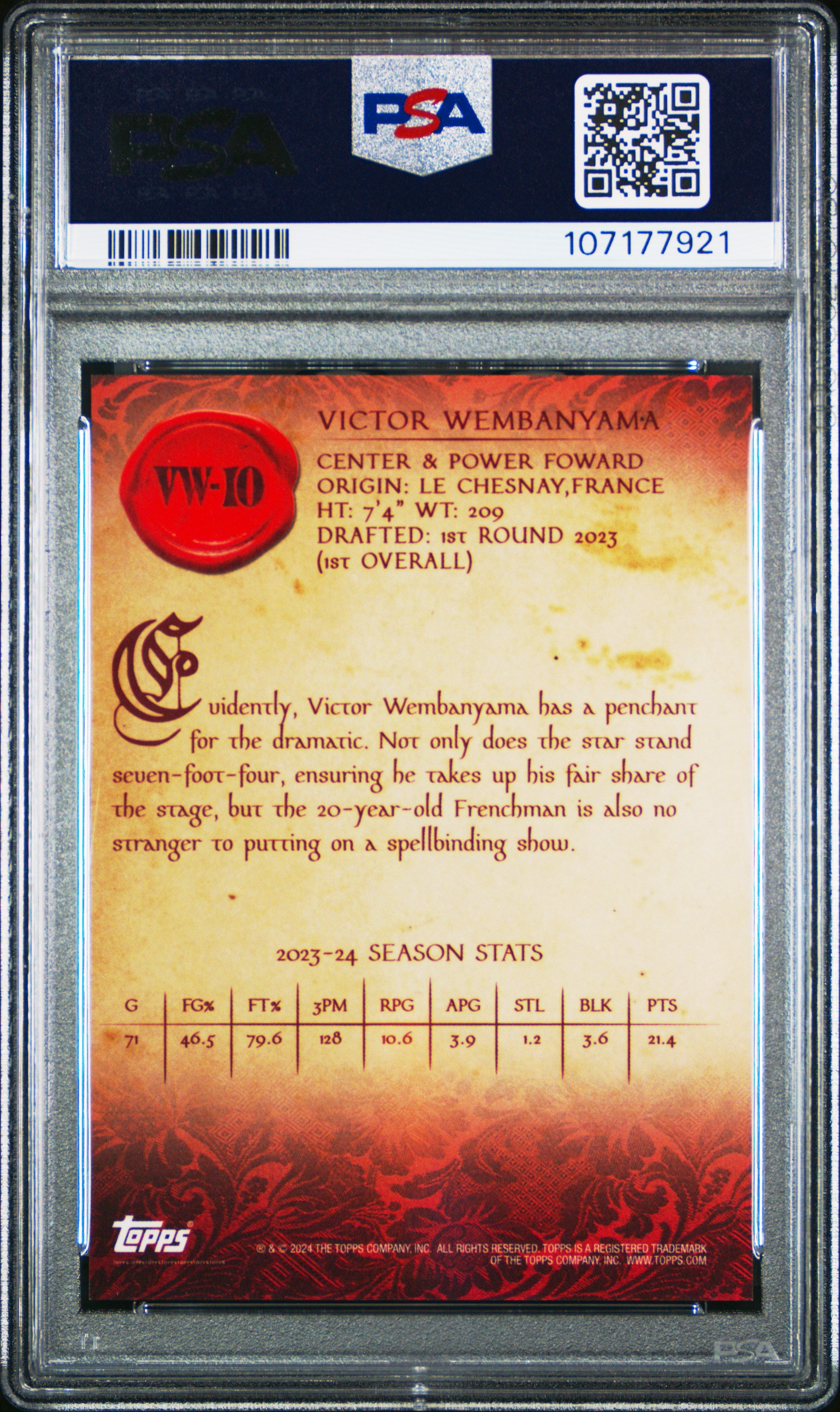 2023 Topps Mercury: Victor Wembanyama Insert Victor Wembanyama #VW10 Gold Refractor 05/50 PSA 10