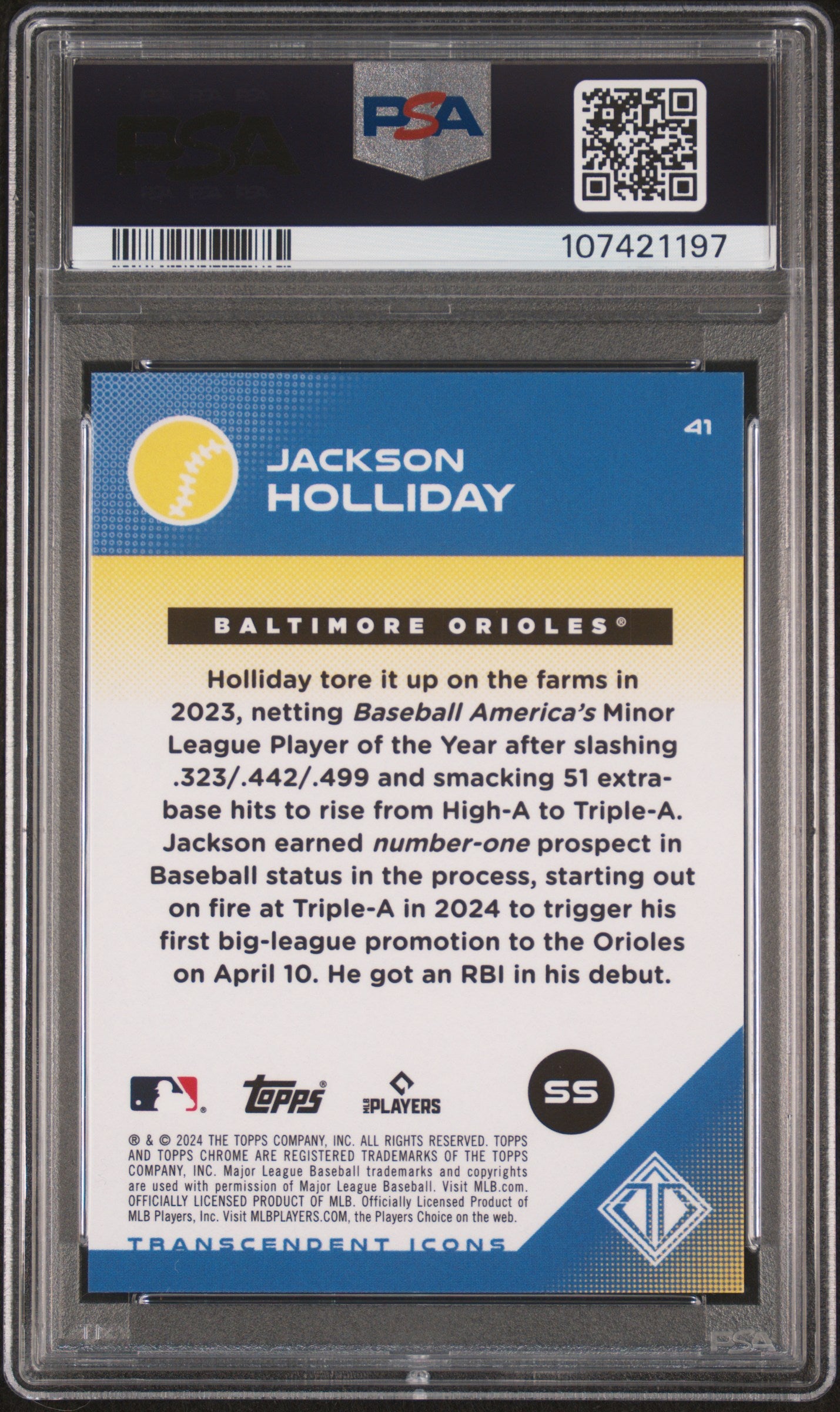 2024 Topps Transcendent Collection Transcendent Icons Chrome Jackson Holliday #41 Image Var Super 1/1 PSA 9