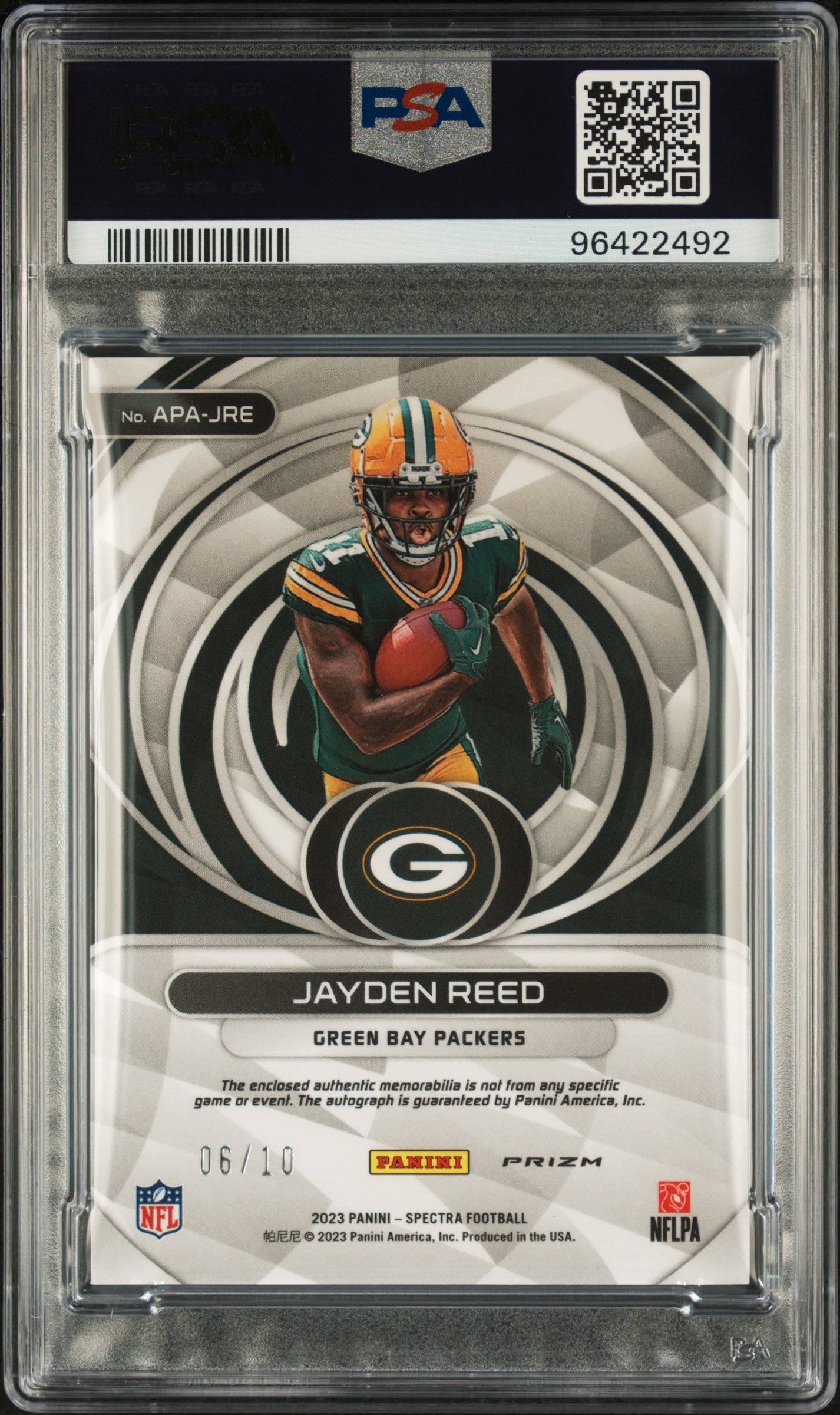 2023 Panini Spectra Aspiring Patch Autographs Jayden Reed #APAJRE NN BLK Light PSA 9