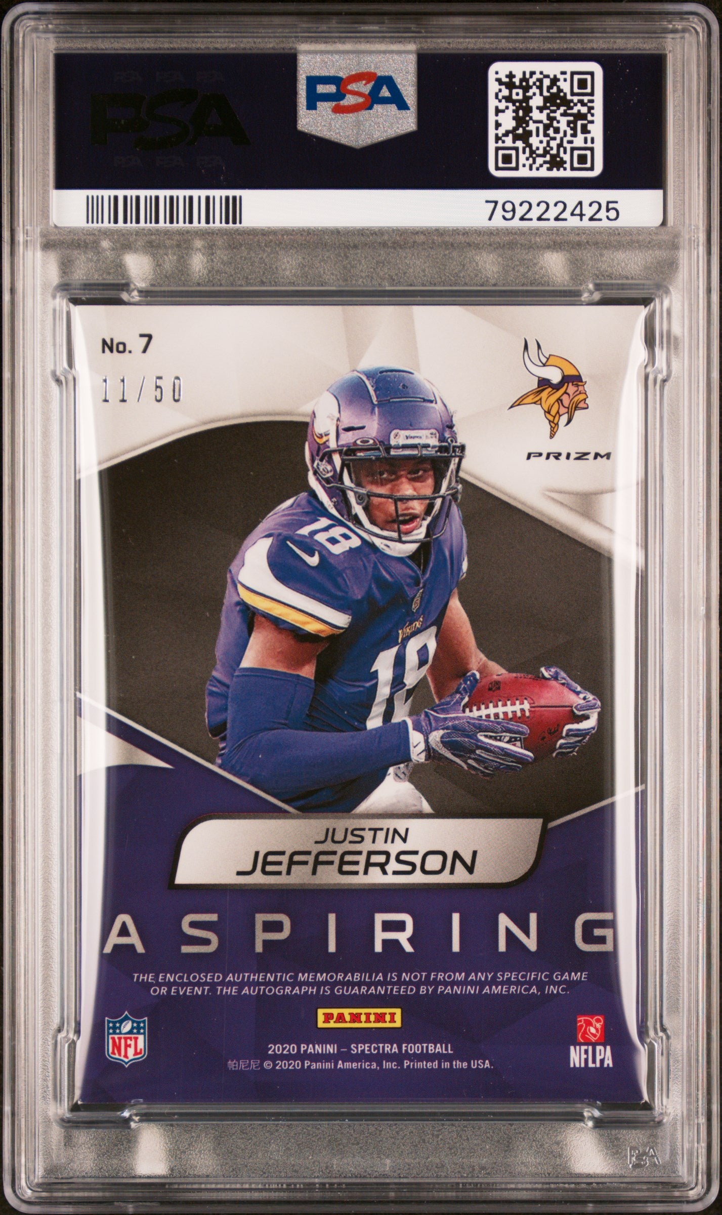 2020 Panini Spectra Aspiring Patch Autographs Justin Jefferson #7 Asprng. Pat. Au Neon Blue PSA 9