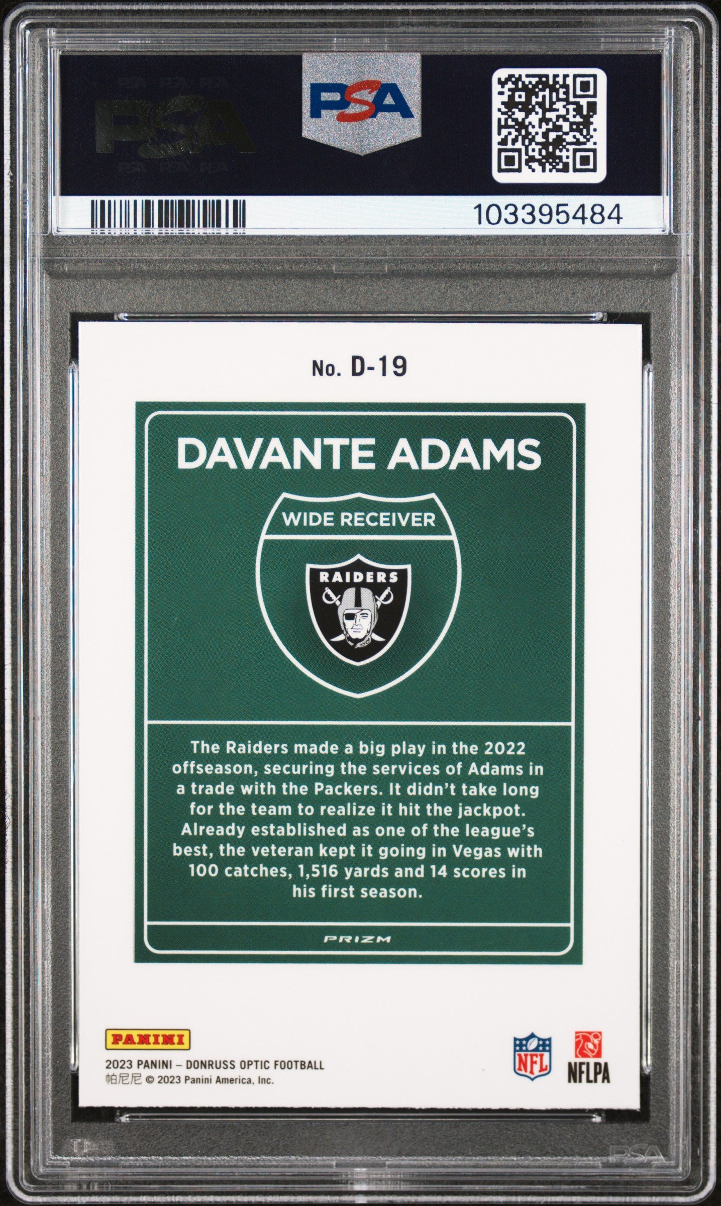 2023 Panini Donruss Optic Downtown! Davante Adams #D19 PSA 9
