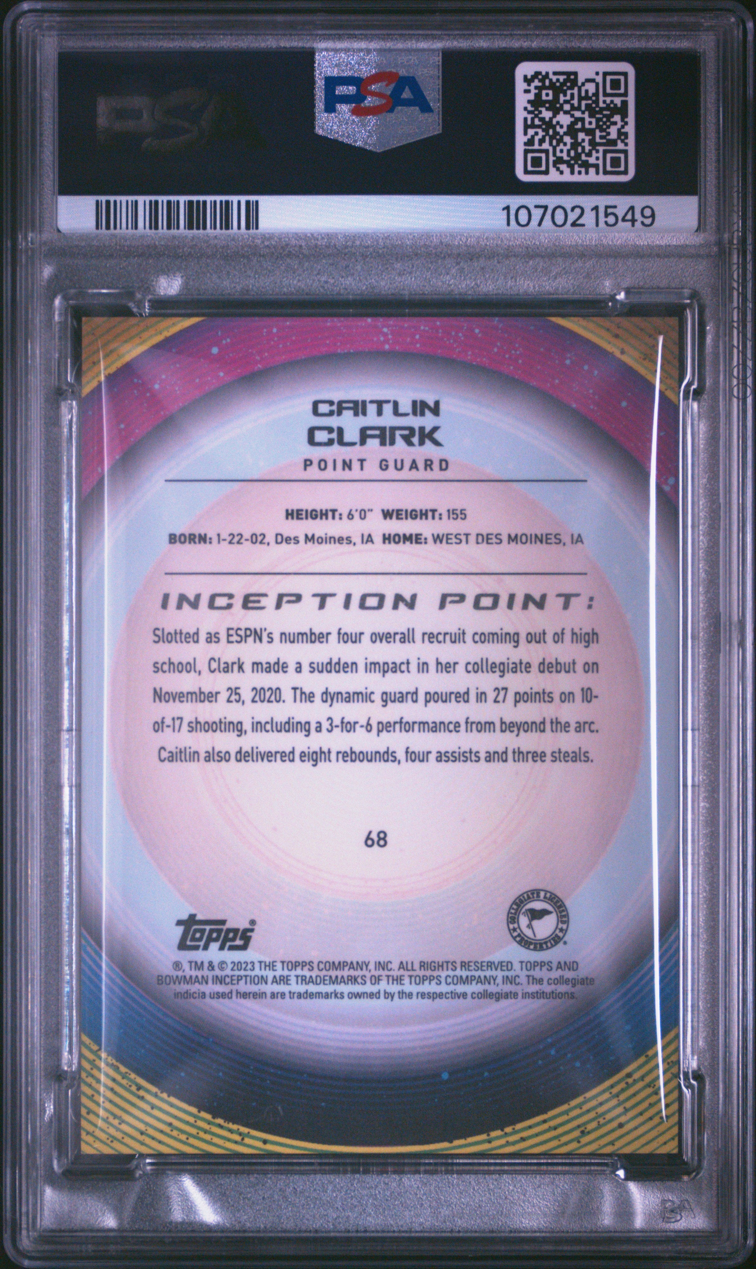 2022 Bowman University Inception Caitlin Clark #68 PSA 10