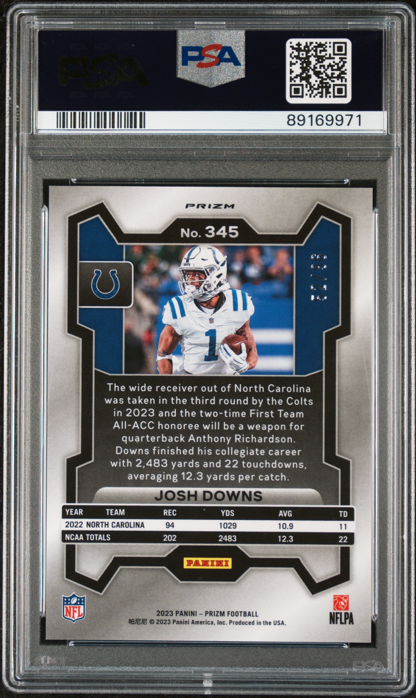 2023 Panini Prizm Josh Downs #345 Blue Sparkle PSA 10