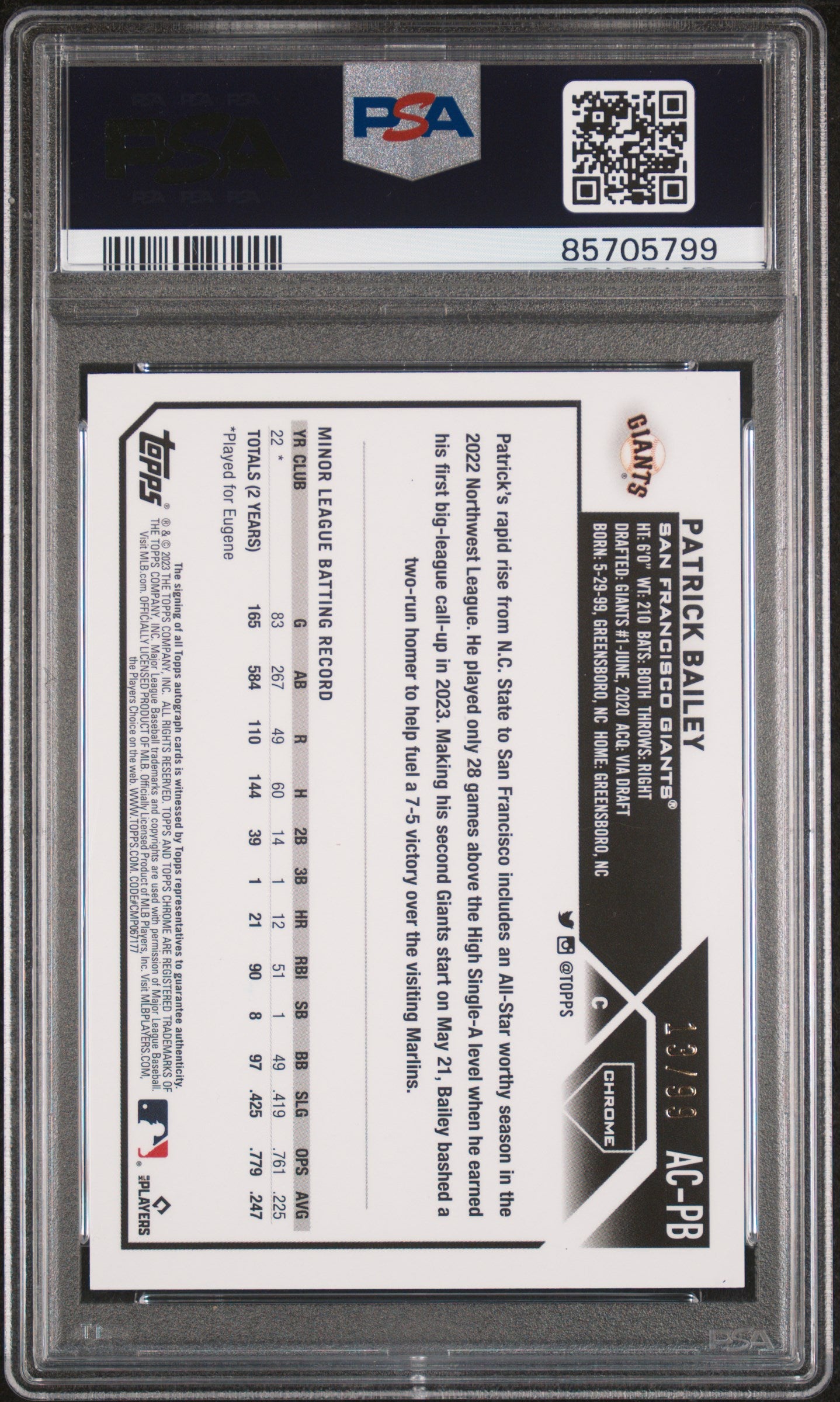 2023 Topps Chrome Update Autograph Patrick Bailey #ACPB Green Refractor PSA 9 Auto 10