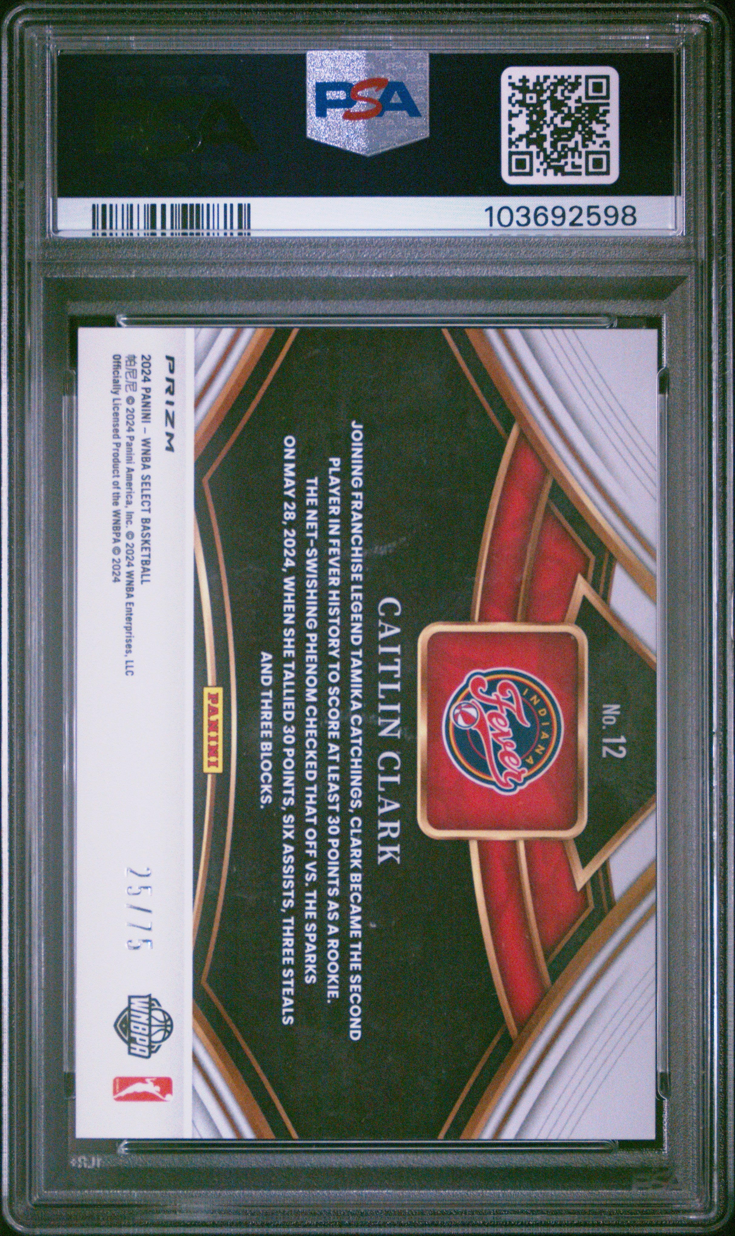 2024 Panini Select WNBA Snapshots Caitlin Clark #12 White Disco PSA 10