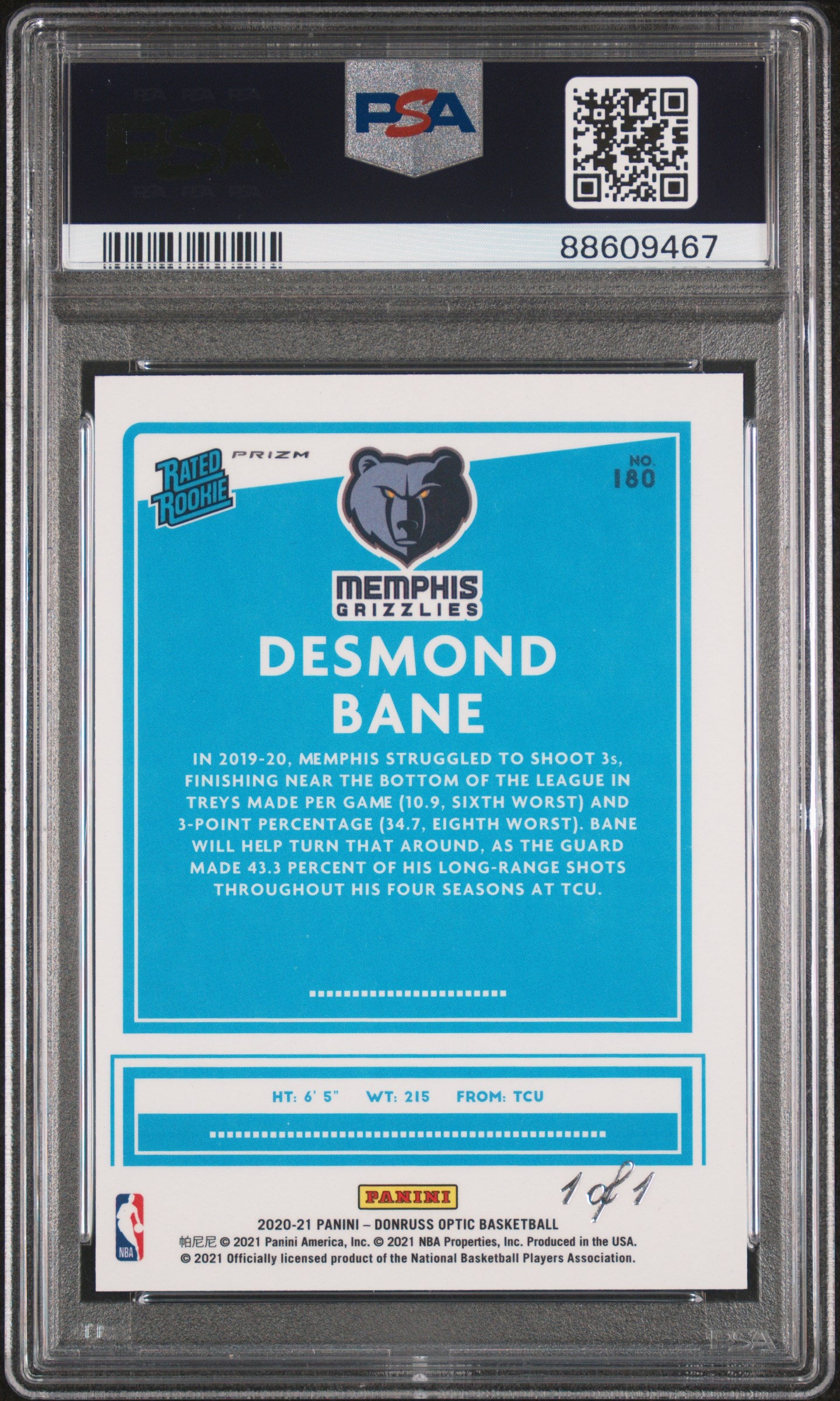 2020 Panini Donruss Optic Desmond Bane #180 Nebula Choice 1/1 PSA 9