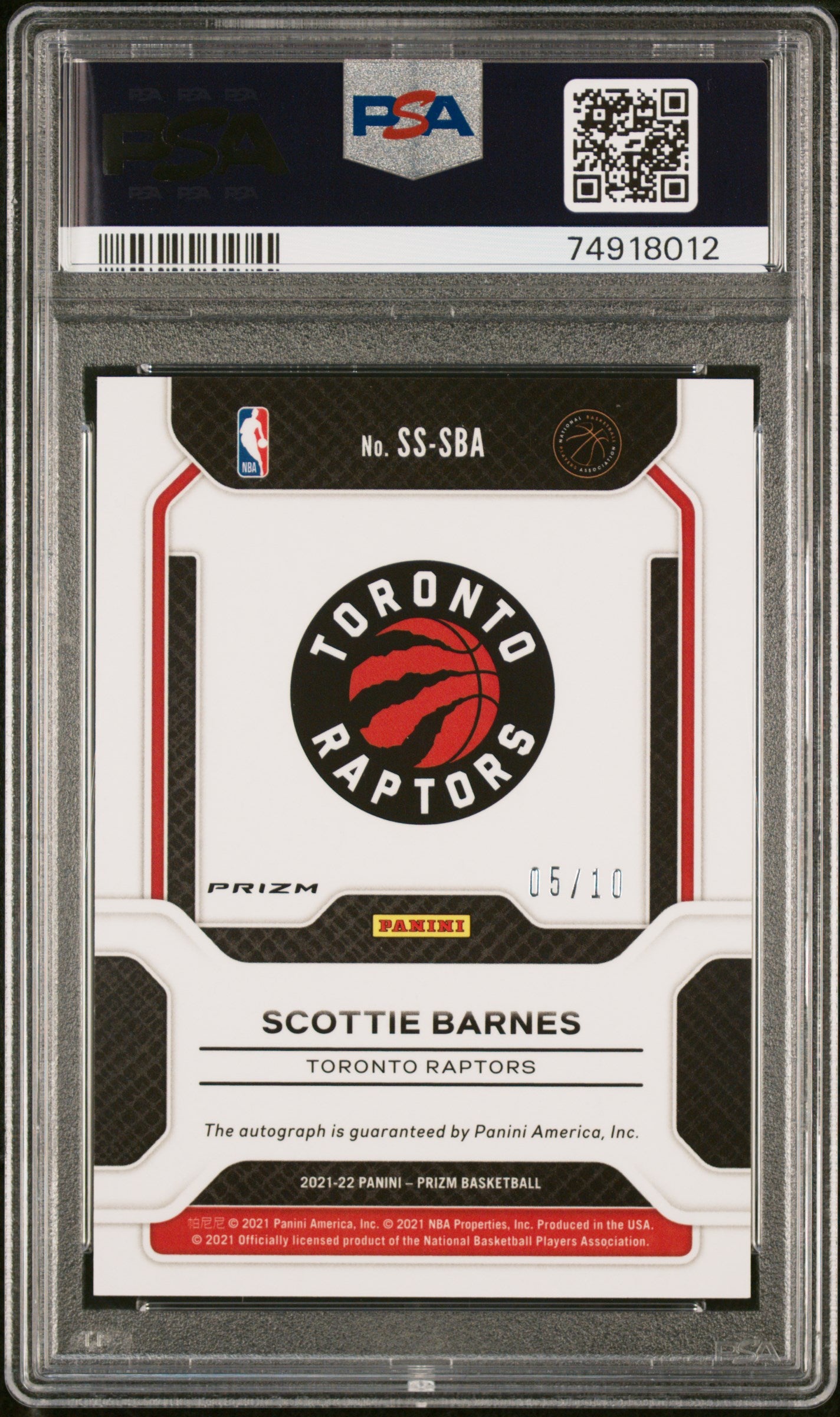 2021 Panini Prizm Sensational Signatures Scottie Barnes #SSSBA Snstnl. SIG Gold PSA 10 Auto 10