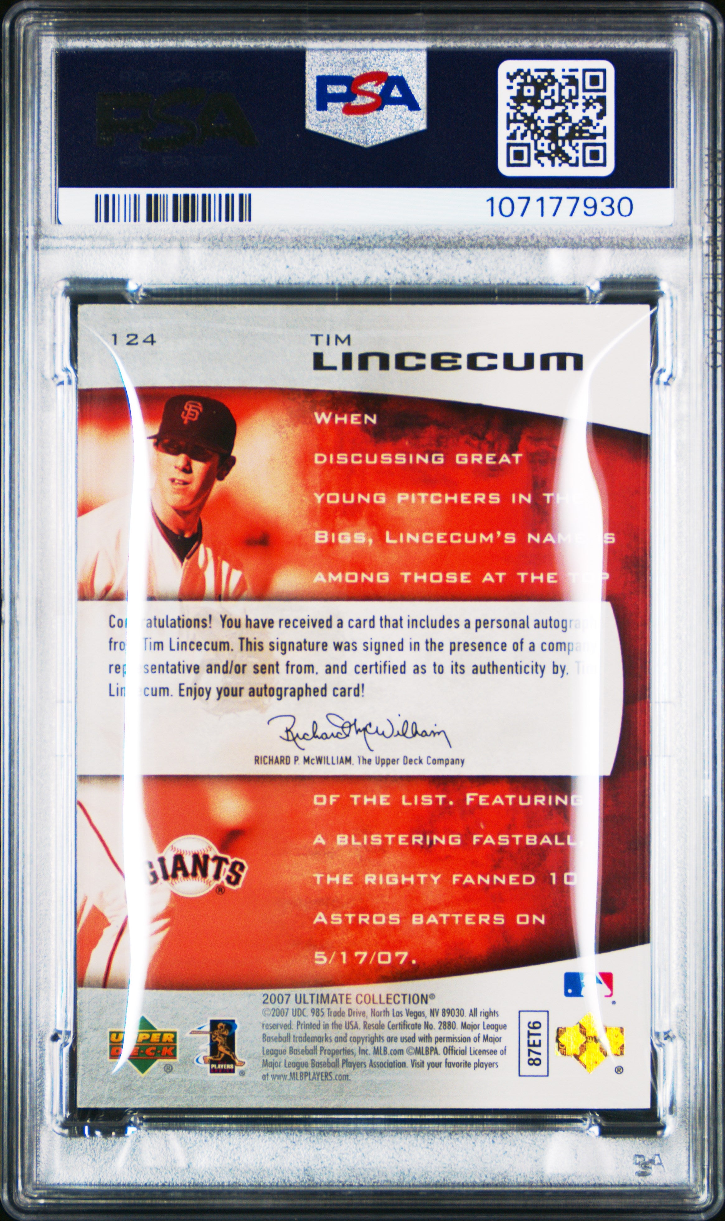 2007 Ultimate Collection Tim Lincecum #124 Autograph 367/600 PSA 8