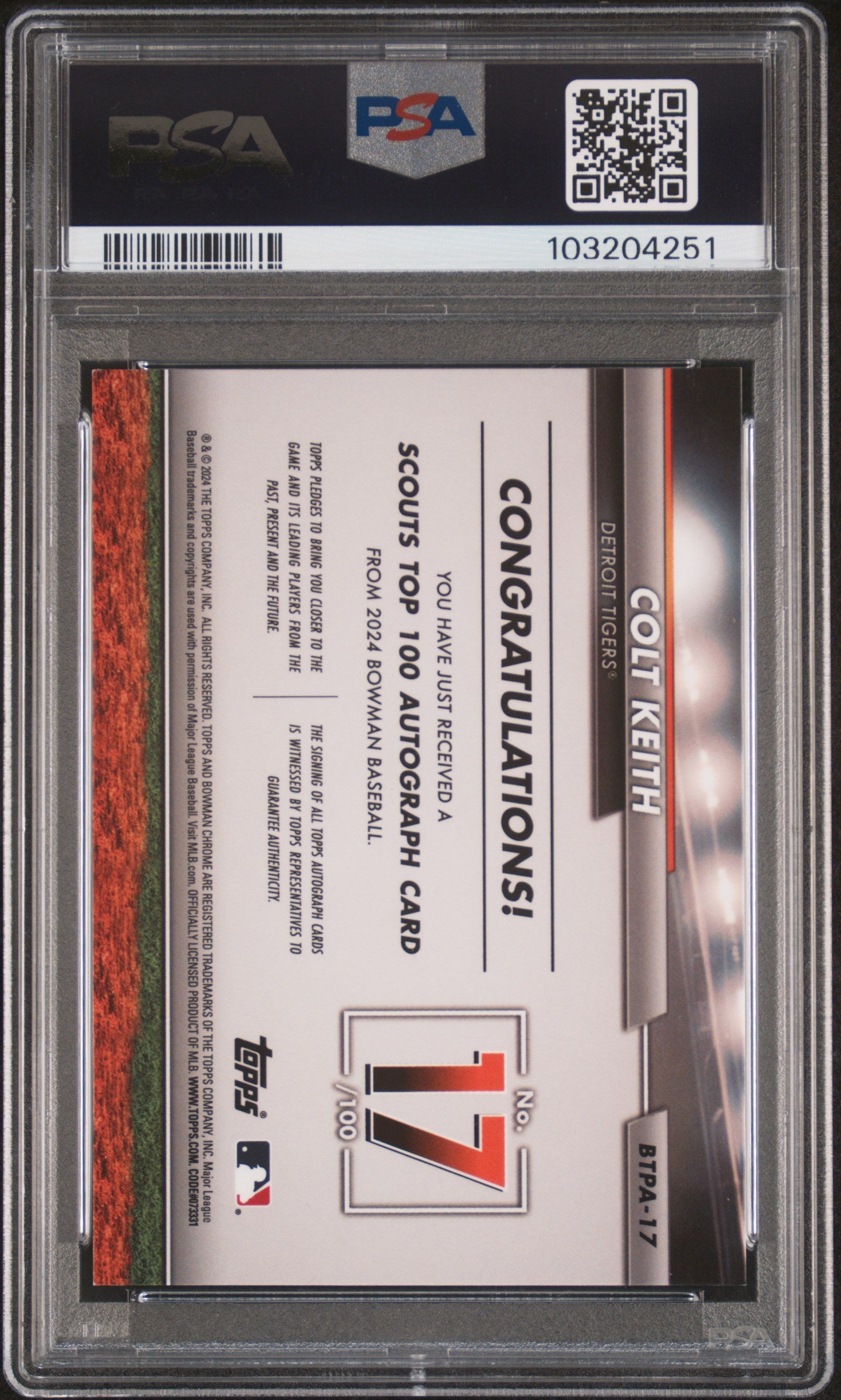 2024 Bowman Bowman Scouts' Top 100 Autographs Colt Keith #17 Super 1/1 PSA 9