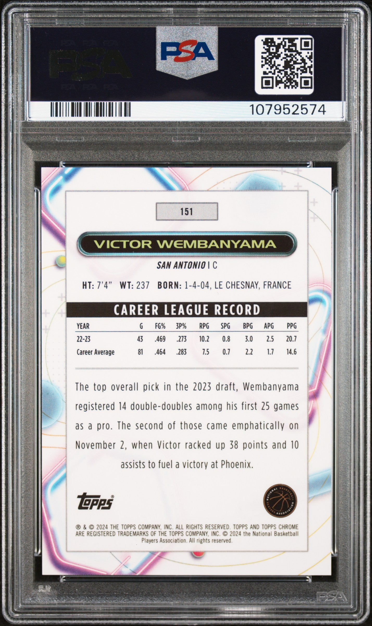 2023 Topps Cosmic Chrome Victor Wembanyama #151 Red Flare 2/5 PSA 10