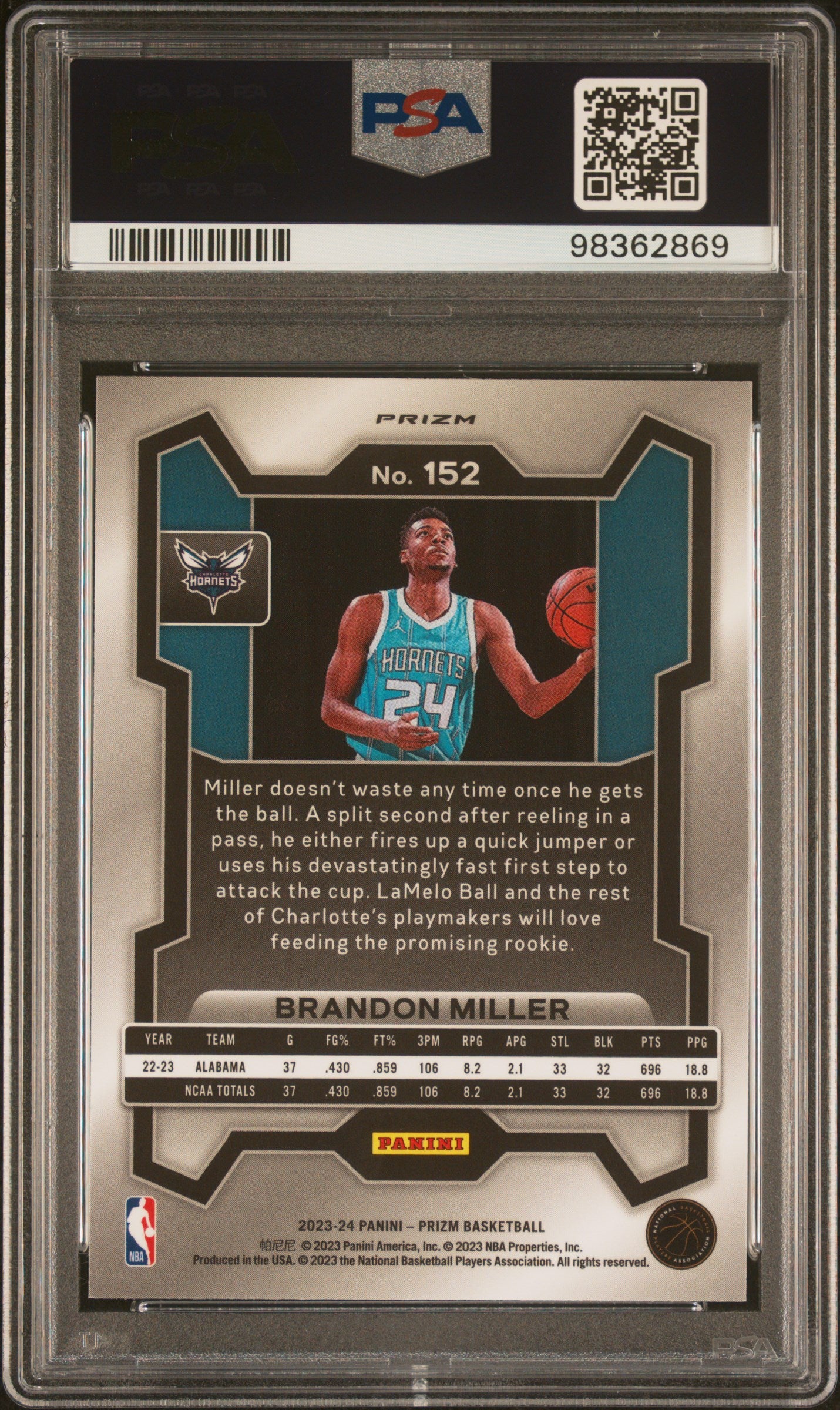 2023 Panini Prizm Brandon Miller #152 Silver Prizm PSA 10