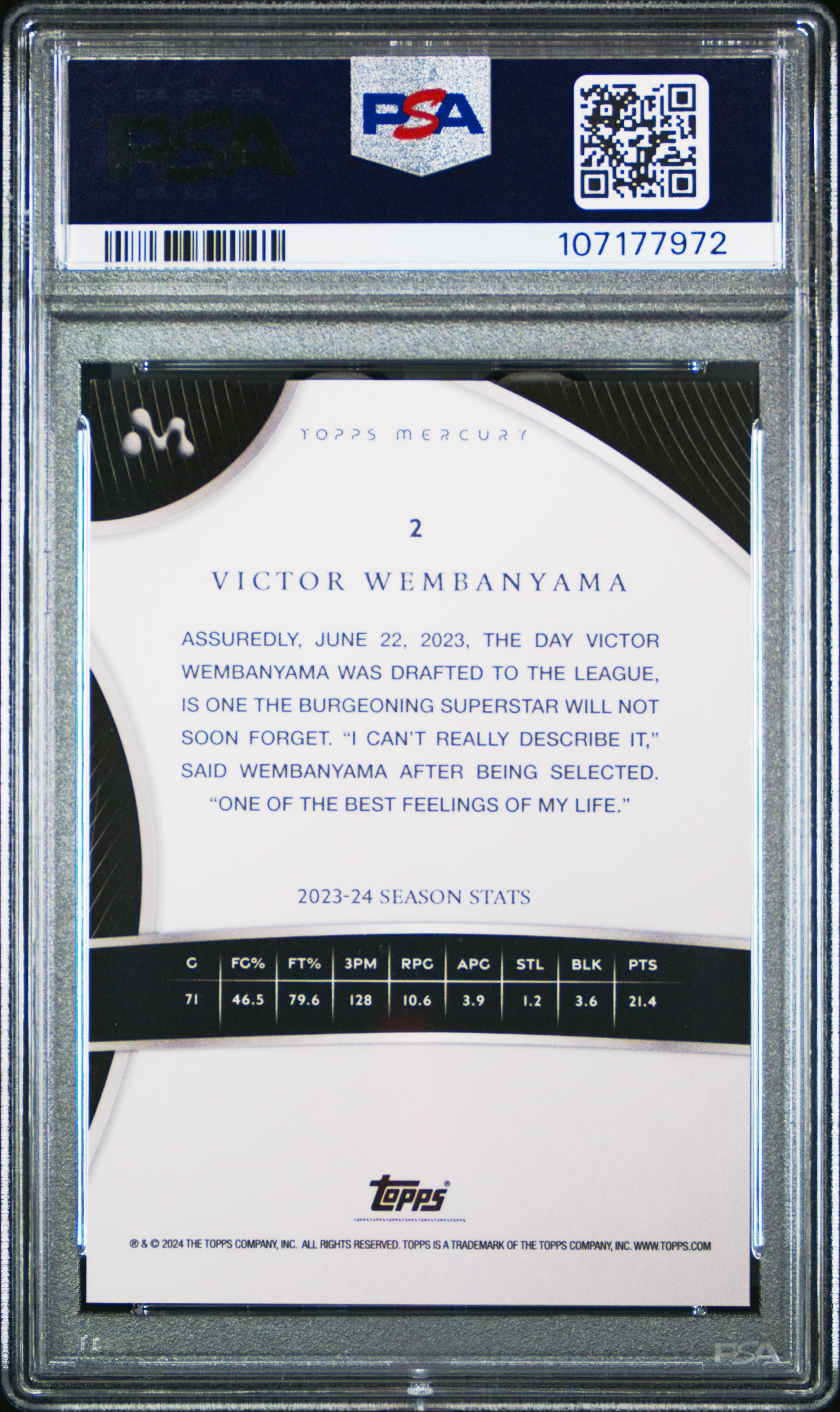 2023 Topps Mercury: Victor Wembanyama Victor Wembanyama #2 Black Refractor 08/10 PSA 9