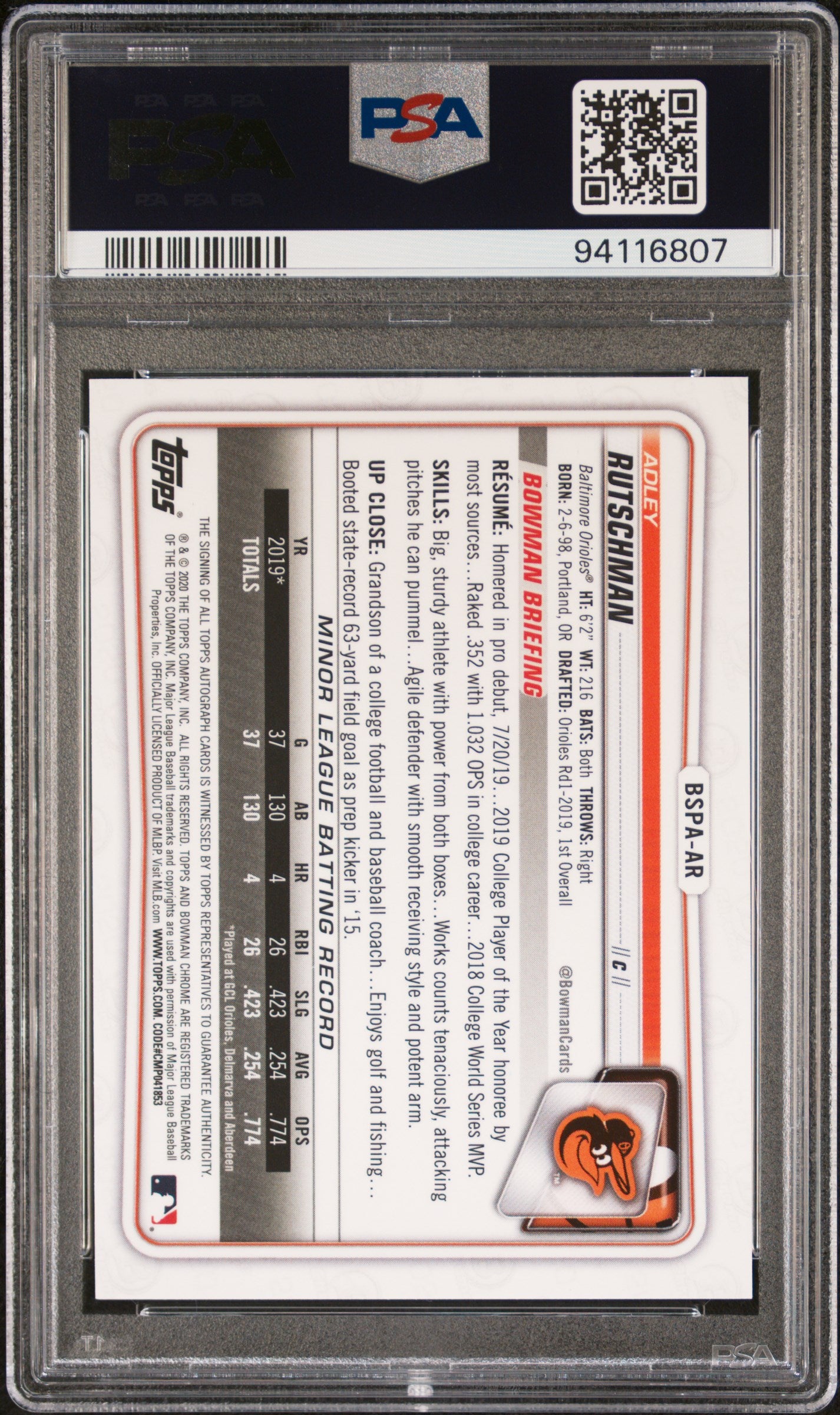 2020 Bowman Chrome Sapphire Edition Autographs Adley Rutschman #BSPAAR Ed. Auto Green PSA 10