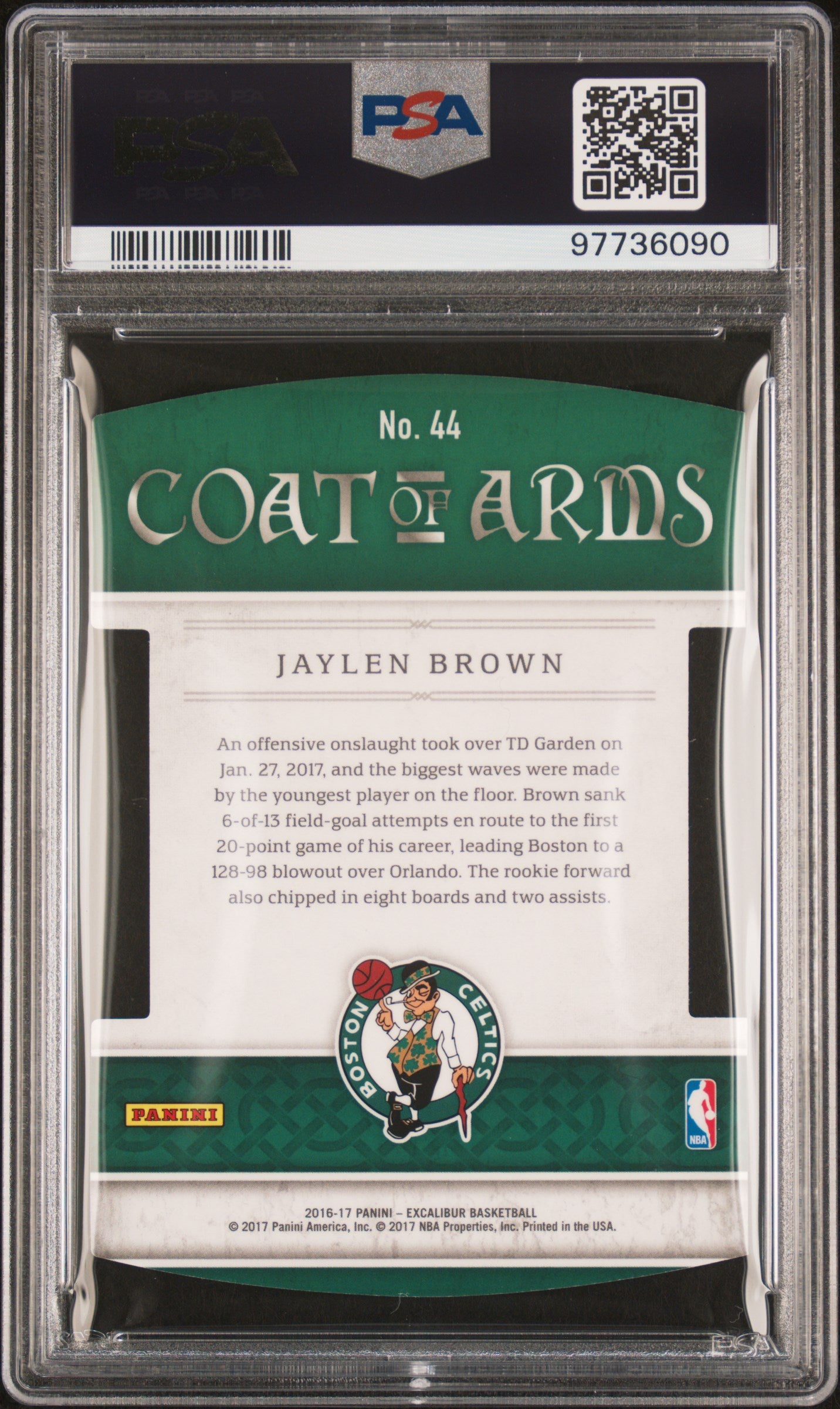 2016 Panini Excalibur Coat Of Arms Die-Cut Jaylen Brown #44 Coat Of Arms Die Cut PSA 10
