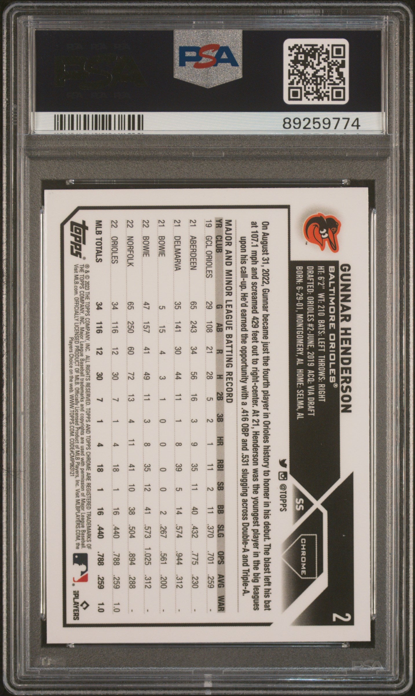 2023 Topps Chrome Gunnar Henderson #2 Pink Refractor PSA 10